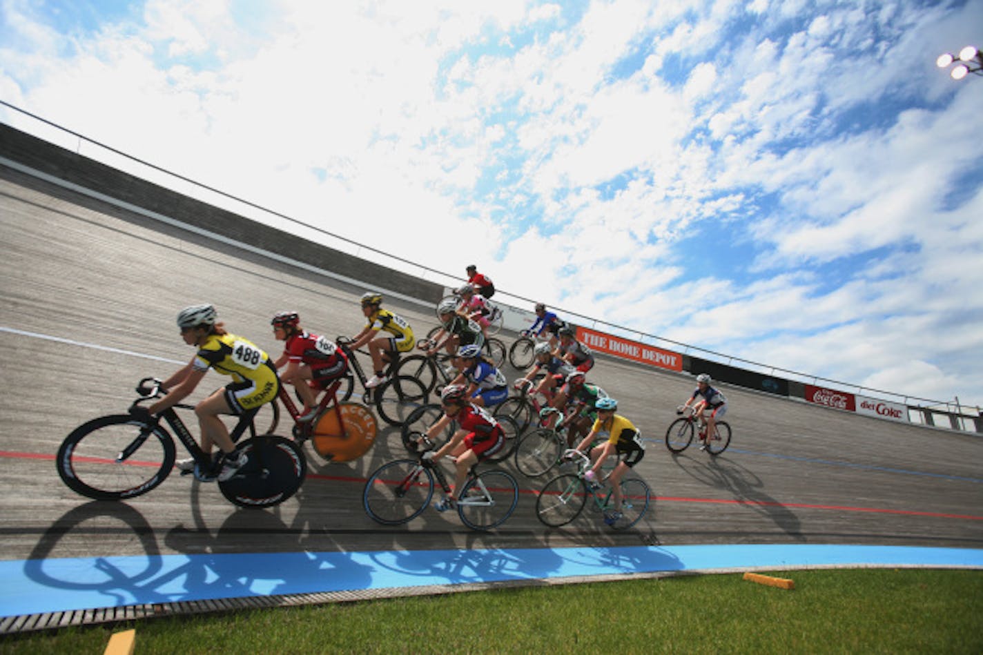 Jennifer Triplett of Seattle WA, lead a group of bicyclist in the women�s miss and out event Sunday at The Great River Energy Bicycle Festival held at the Velodrome in Blaine.