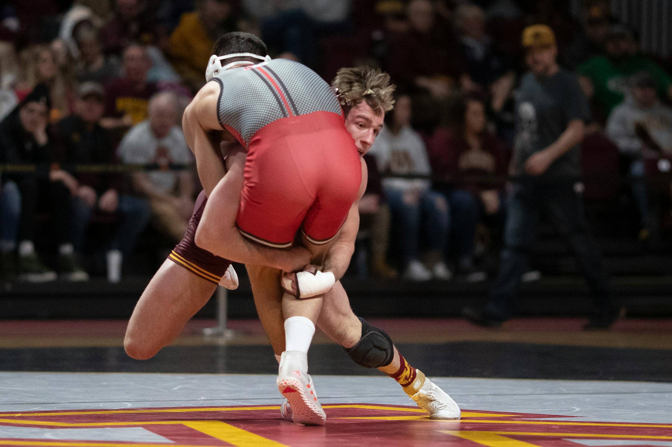 Gophers Steve Bleise took Rugers John Van Brill down and scored two points at Maturi PavilionSunday January 6, 2019 in Minneapolis,MN.] Bleise won the match 7-3. The University of Minnesota hosted Rutgers in Big Ten wrestling action at Maturi Pavilion. Jerry Holt • Jerry.holt@startribune.com