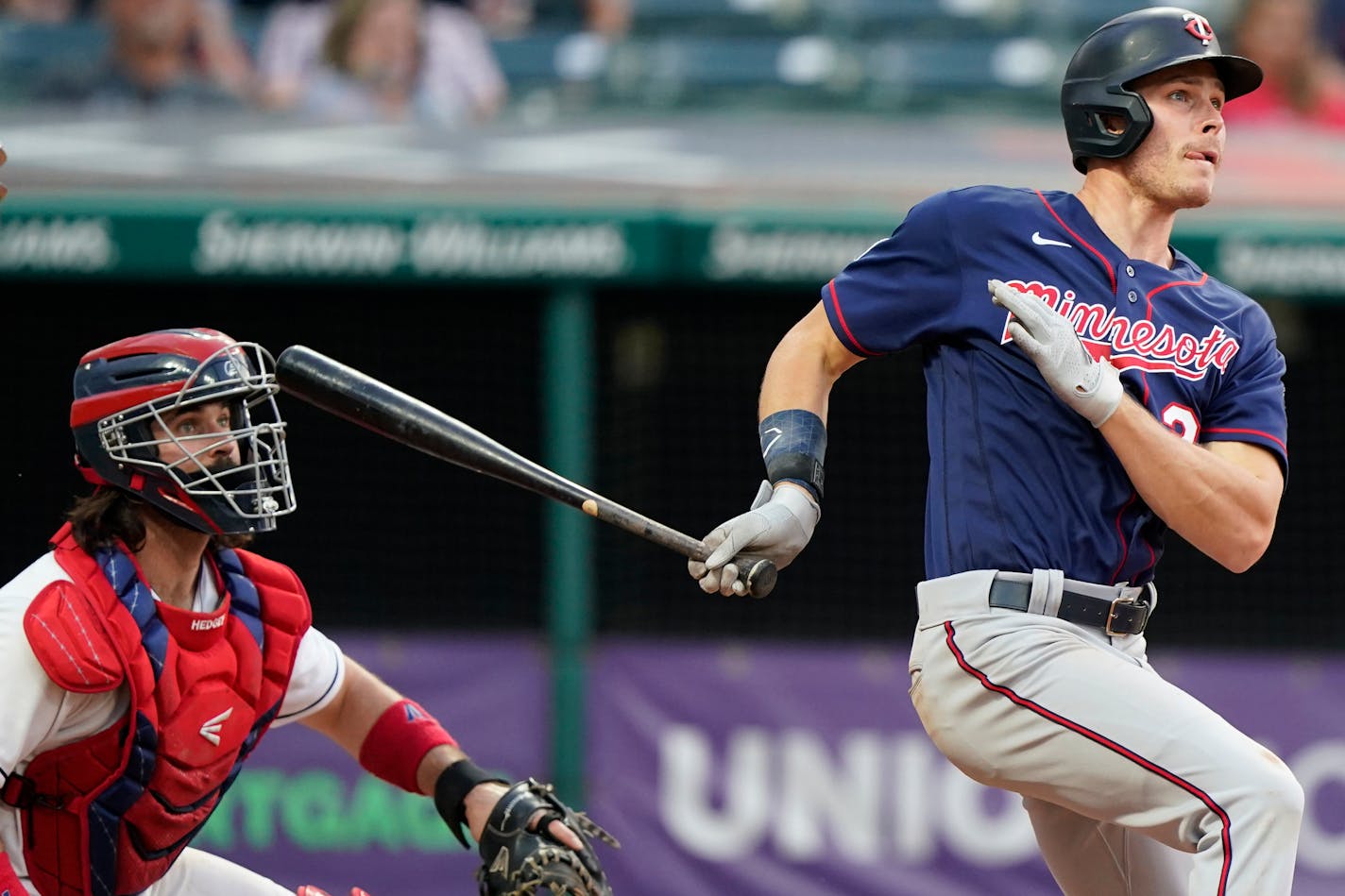 Max Kepler watches his two-run double in the fourth inning against the Cleveland Indians