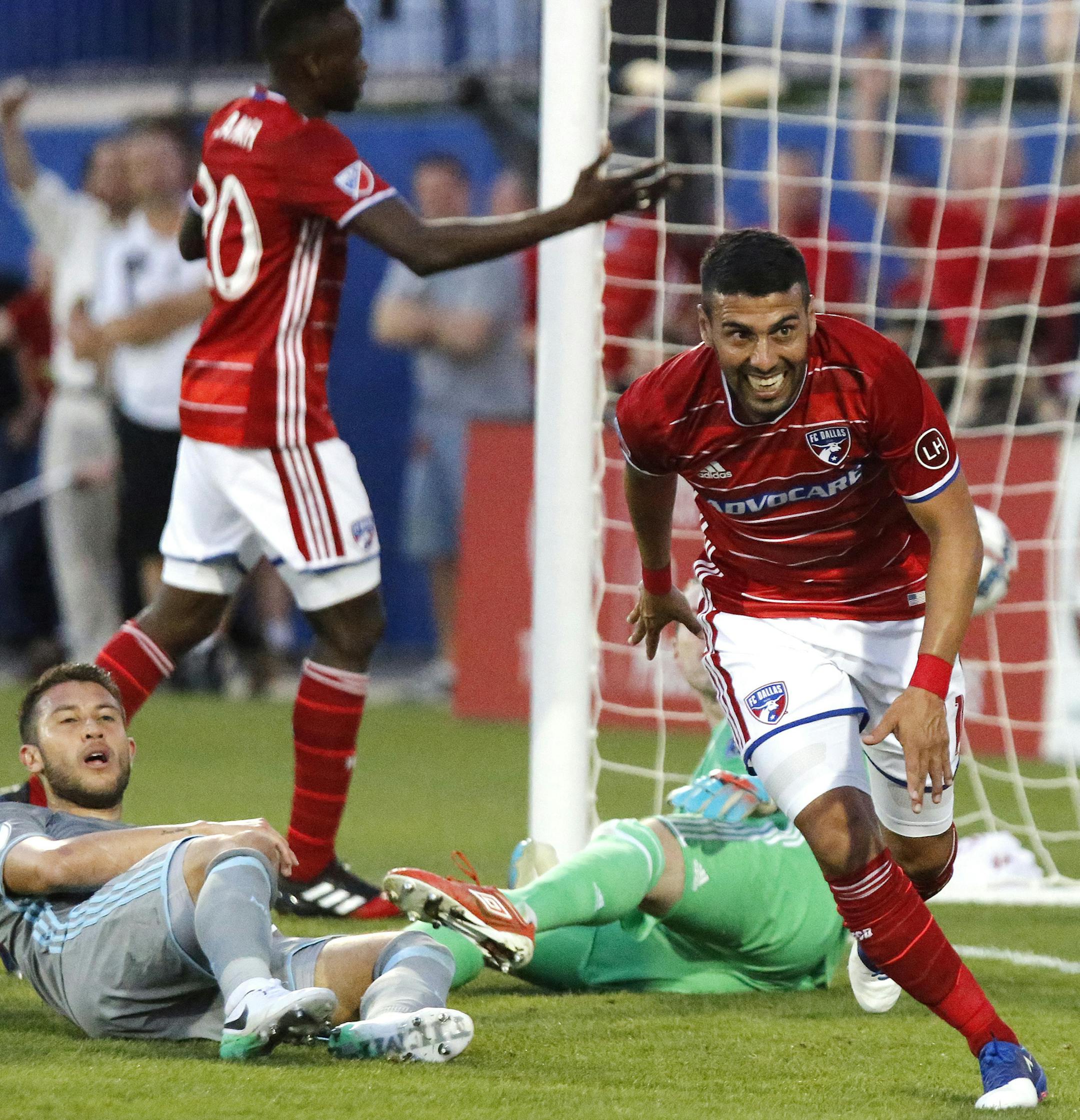 FC Dallas midfielder Javier Morales (11) celebrates the first goal of the evening during the first half of an MLS soccer match against Minnesota United at Toyota Stadium in Frisco, Texas on Saturday, April 8, 2017. (Stewart F. House/The Dallas Morning News via AP)