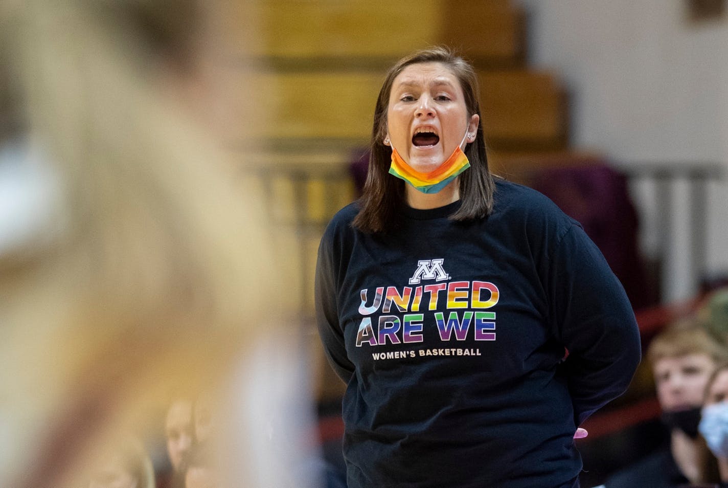 Minnesota coach Lindsay Whalen shouts to players during the first half of the team's NCAA college basketball game against Indiana, Thursday, Feb. 3, 2022, in Bloomington, Ind. (AP Photo/Doug McSchooler)