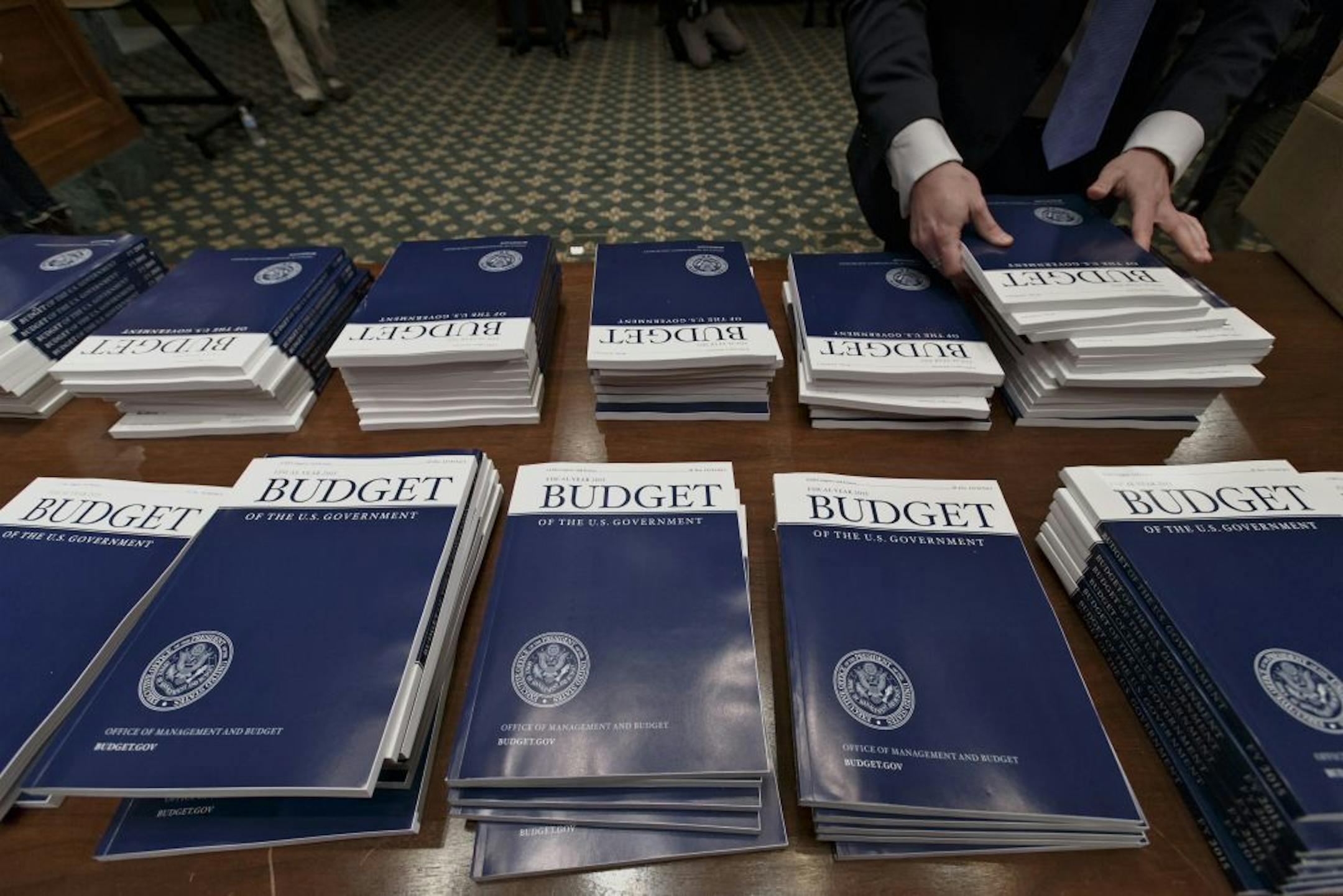 Copies of President Barack Obama's proposed fiscal 2015 budget set out for distribution on Capitol Hill in Washington.