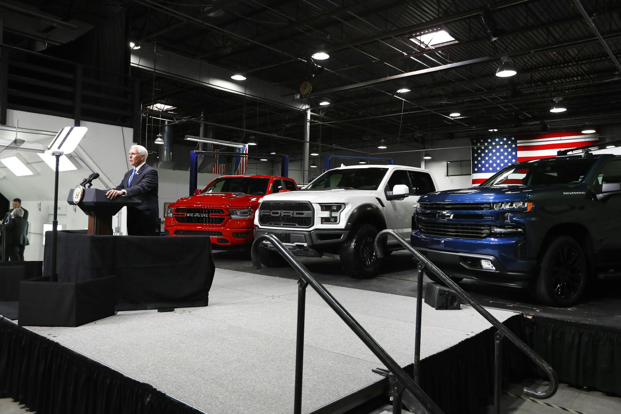 Vice President Mike Pence speaks at an auto industry discussion of the new United States-Mexico-Canada Agreement in Taylor, Mich., Wednesday, April 24, 2019. (AP Photo/Paul Sancya)
