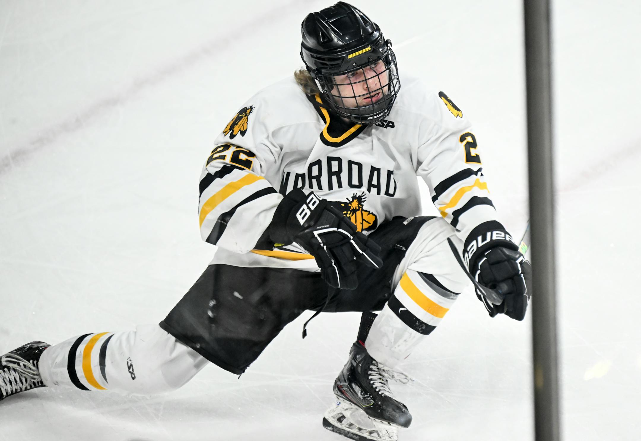 Warroad forward Murray Marvin-Cordes (22) celebrates after scoring a goal against St. Cloud Cathedral during the third period.