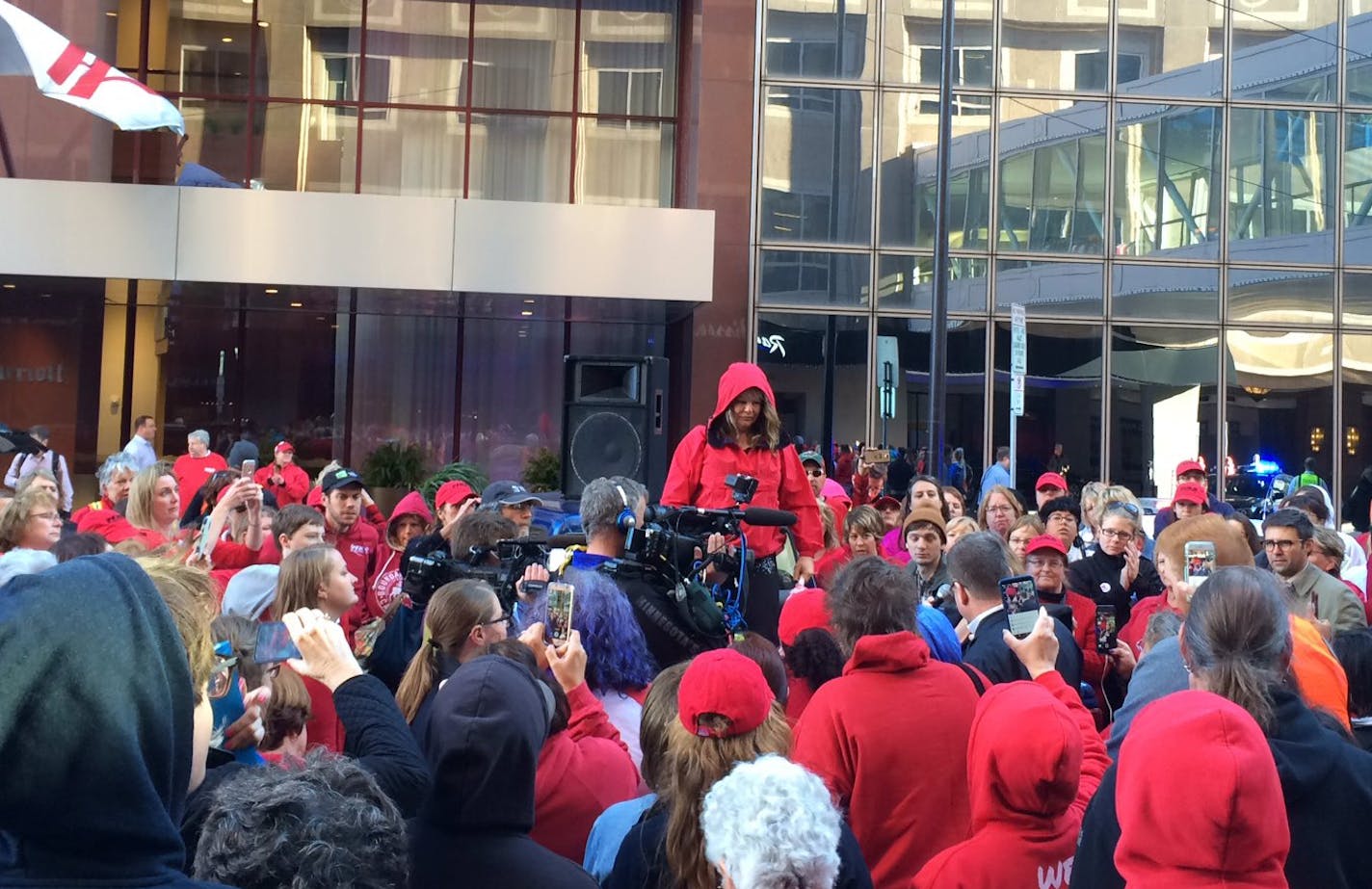 Hundreds of striking Allina Health nurses protested in downtown Minneapolis Tuesday morning, snarling rush-hour traffic during a rally outside the hotel where General Mills was holding a shareholder's meeting. That venue was targeted because General Mills Executive Vice President John Church is chair of the Allina Health board of directors, the union said. ] Elizabeth Sawyer/Star Tribune Minneapoils MN 09/2716