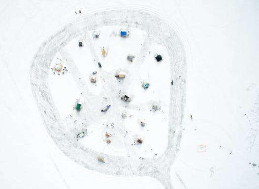 From 2016, an aerial shot of the Art Shanty Projects on White Bear Lake, home to the annual Art Shanty Project.