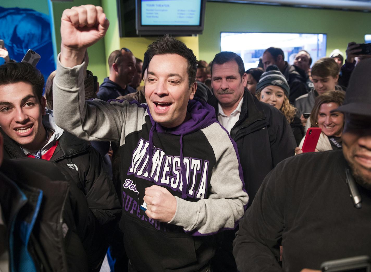 Jimmy Fallon visits with fans earlier Sunday and does some taping for "The Tonight Show with Jimmy Fallon."