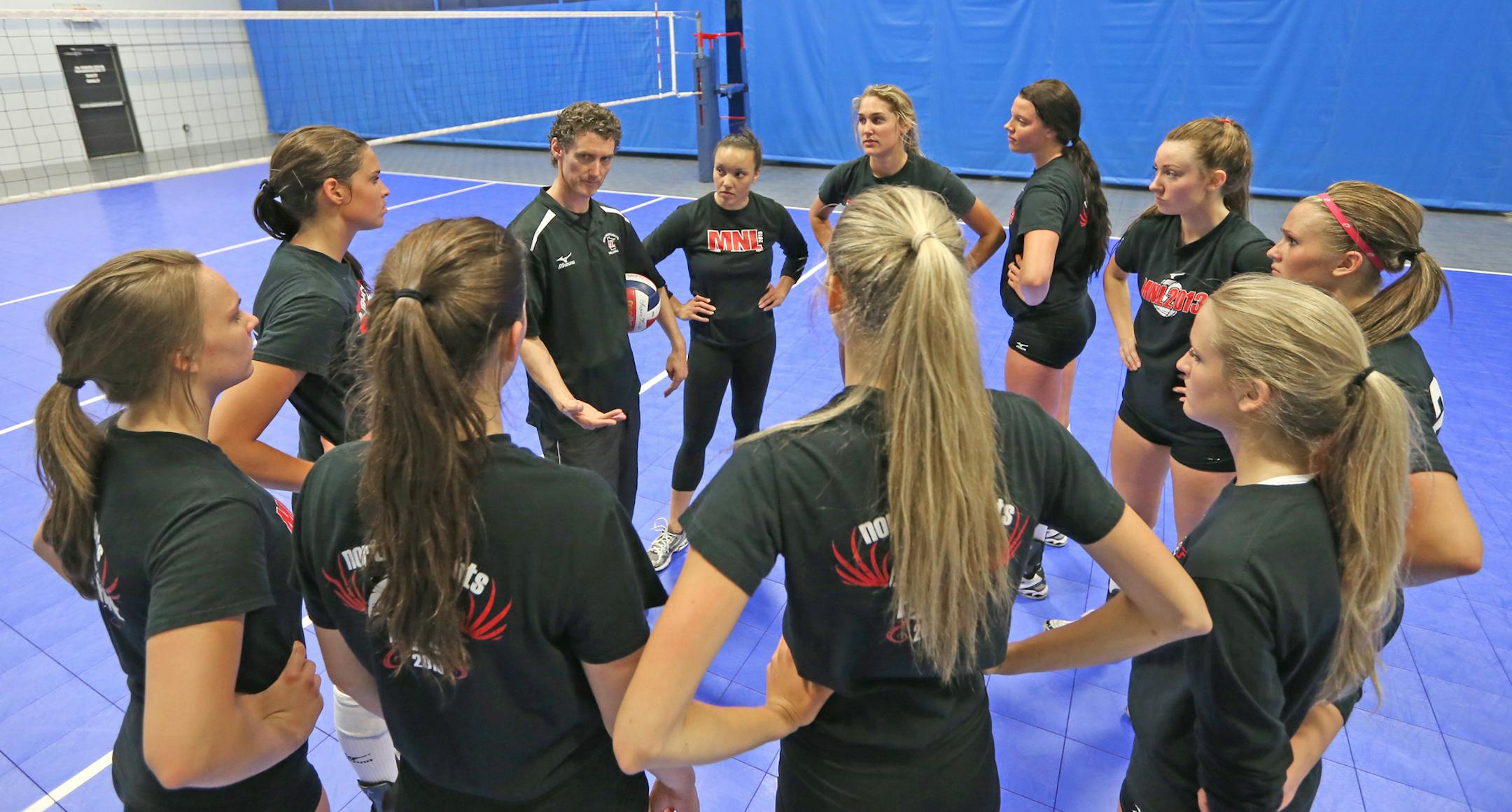 (center) Northern Lights 18-1 Head Coach Adam Beamer talked to his team at the end of practice on 6/19/13. Summer all-zone feature on the Northern Lights volleyball, top team of elite high school players. PThe team will lleave later in the week for a big tournament. Jim Paulsen is the reporter, can provide more details. Story will take up the zone cover in three zones, so looking for main display and secondary shots. The reason they‚Äôre so good is because of how well they get a