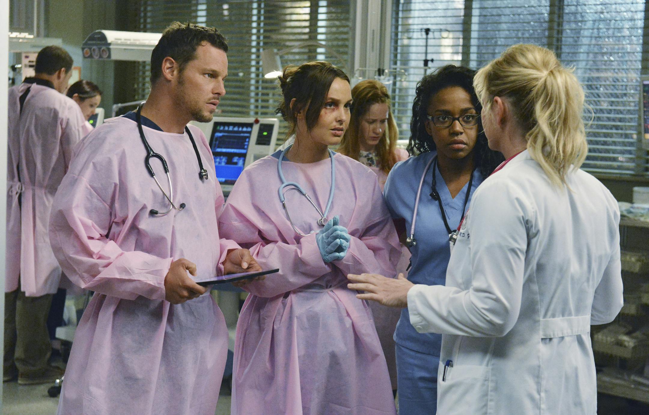 GREY'S ANATOMY - "Perfect Storm" - Grey Sloan Memorial Hospital enters crisis mode as the storm rages, resources become scarce and patients flood in by the busload. Meanwhile, one of the doctors fights for their life, on the Season Finale of "Grey's Anatomy," THURSDAY, MAY 16 (9:00-10:02 p.m., ET) on the ABC Television Network. (ABC/Eric McCandless) JUSTIN CHAMBERS, CAMILLA LUDDINGTON, JERRIKA HINTON, JESSICA CAPSHAW ORG XMIT: 151903193