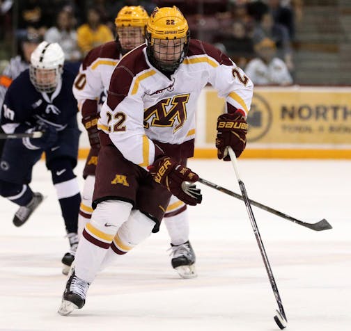 Minnesota Golden Gophers forward Tyler Sheehy (22) takes the puck down the ice during the second period. ] ANTHONY SOUFFLE &#xef; anthony.souffle@startribune.com Game action from an NCAA men's ice hockey game between the Minnesota Golden Gophers and the Penn State Nittany Lions Friday, Feb. 3, 2017 at Mariucci Arena on the ground of the University of Minnesota in Minneapolis. ORG XMIT: MIN1702032044250273