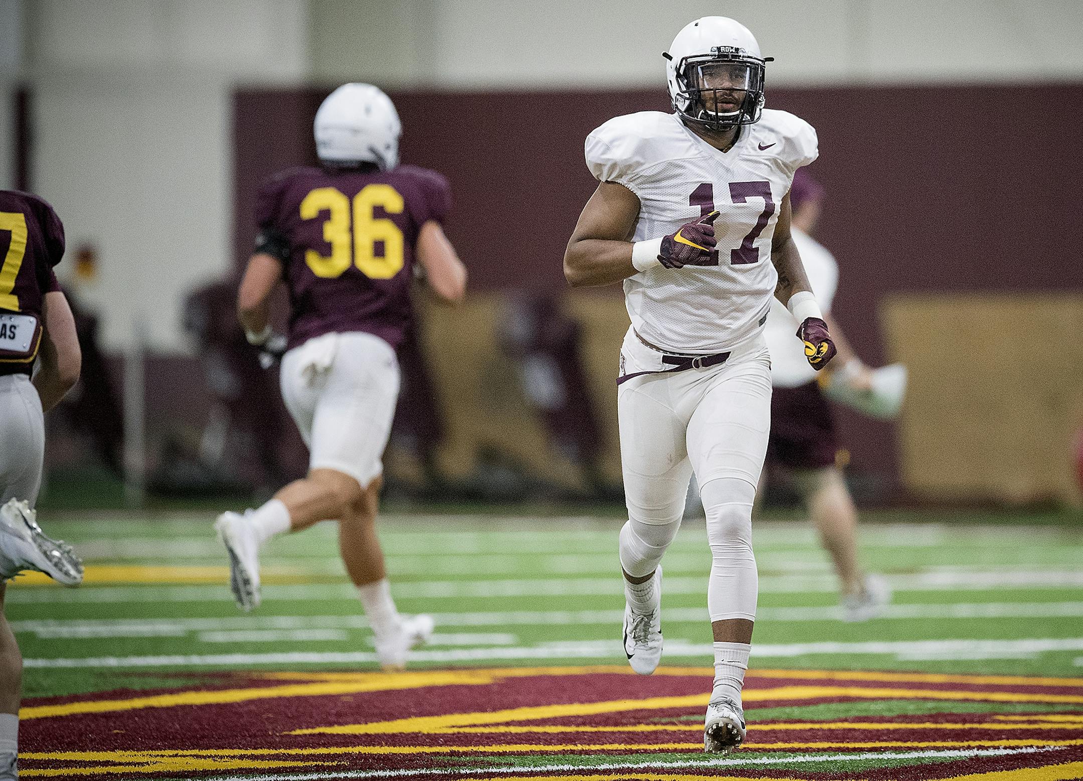 Minnesota's tight end Seth Green took to the field for the first practice that was open to the public at the Athletes Village at the University of Minnesota in Minneapolis, MN.