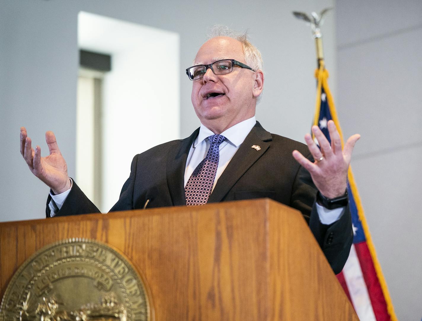 Governor Tim Walz speaks during the Budget and Economic Forecast. ] LEILA NAVIDI &#xa5; leila.navidi@startribune.com BACKGROUND INFORMATION: The State of Minnesota's Budget and Economic Forecast held in the Department of Revenue building in St. Paul on Thursday, February 28, 2019.