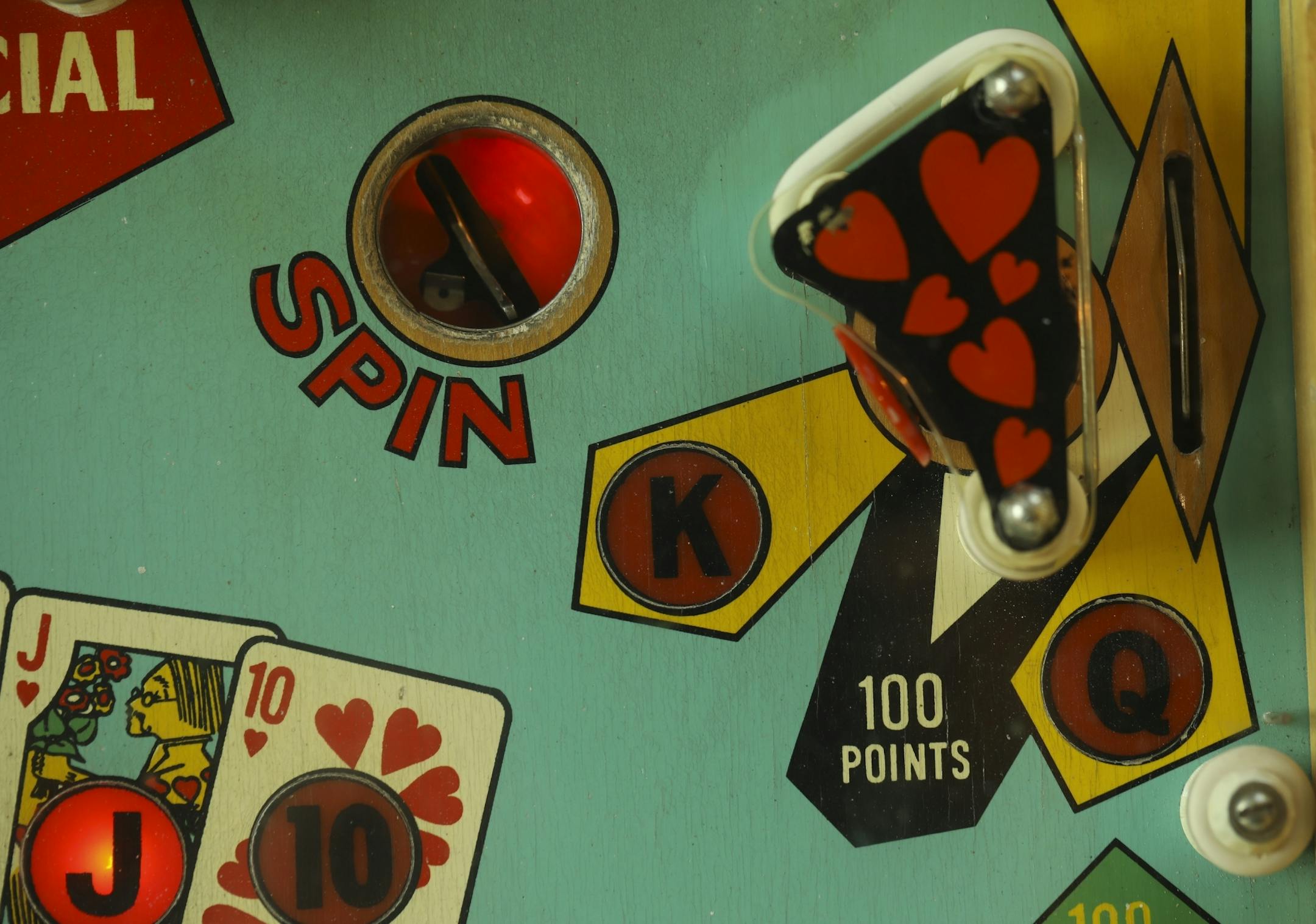 Detail of the playing surface of a Gottlieb's Spin-a-Card pinball machine.