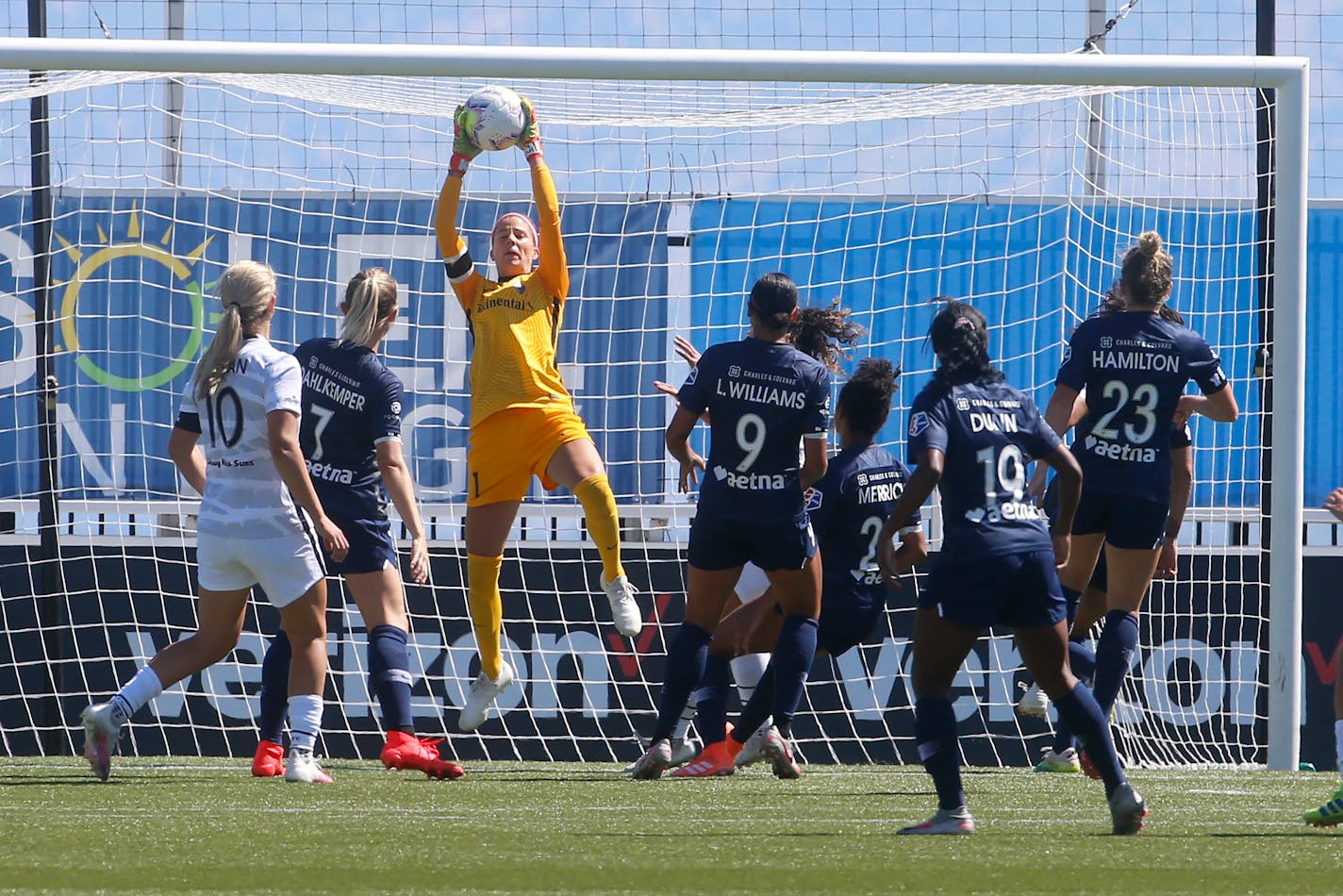 North Carolina Courage goalkeeper Stephanie Labbé makes save during the first half of an NWSL Challenge Cup soccer match against the Portland Thorns FC at Zions Bank Stadium Saturday, June 27, 2020, in Herriman, Utah. (AP Photo/Rick Bowmer)