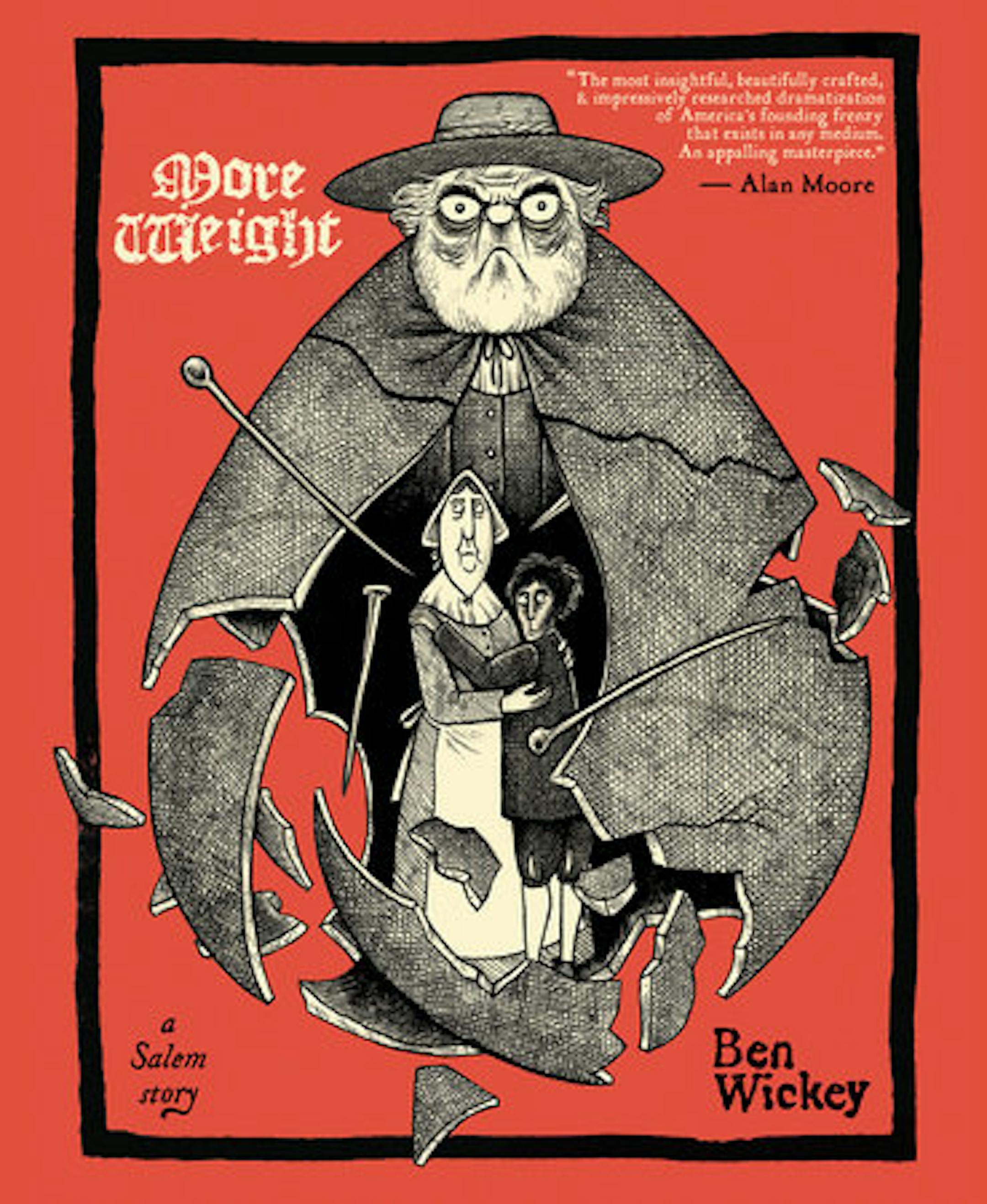 cover of More Weight: A Salem Story features cartoons of a caped, male figure and a supposed Salem, Mass. witch