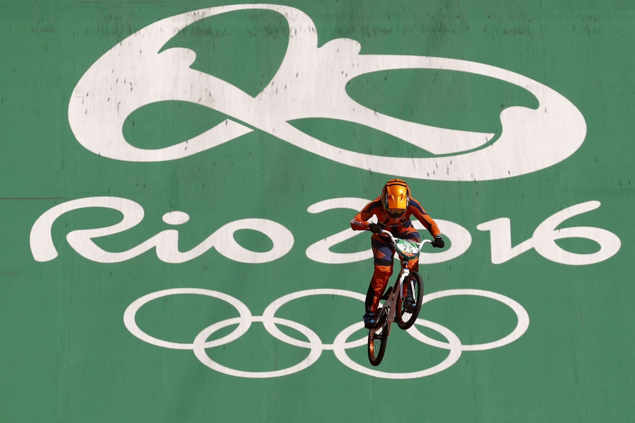 Merle van Benthem of the Netherlands competes in the women's seeding run at the Olympic BMX Center during the 2016 Summer Olympics in Rio de Janeiro, Brazil, Wednesday, Aug. 17, 2016.