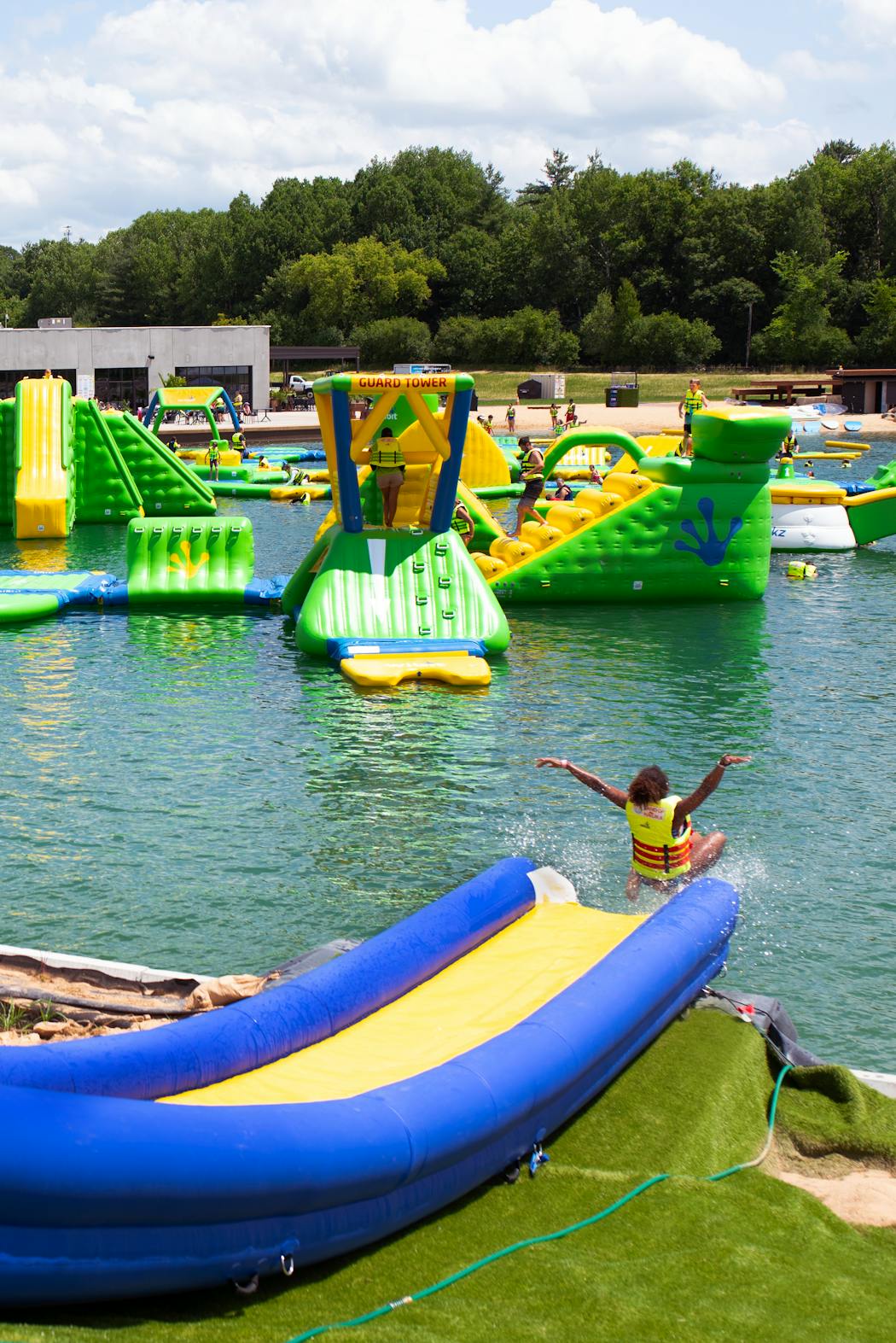 A guest was propelled from an inflatable waterslide into Lake Wisconsin Dells at Land of Natura’s Waterworld.