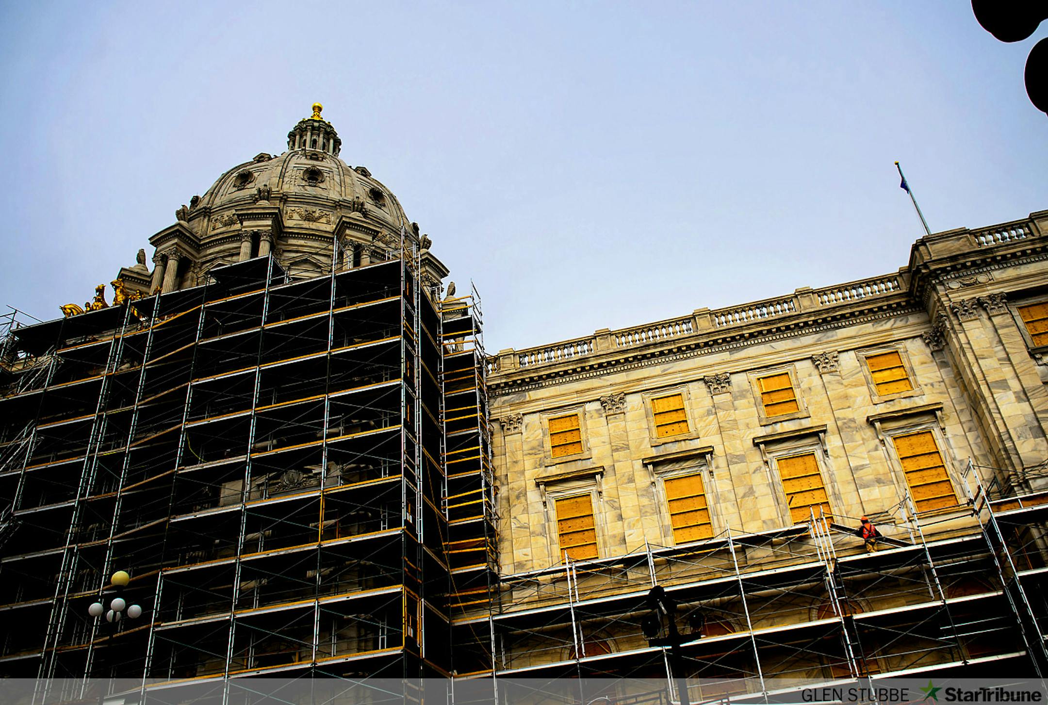 Windows from the front of the Capitol have been removed  and replaced with plywood.      ]   GLEN STUBBE * gstubbe@startribune.com   Tuesday, December 2, 2014 With just over one month before the start of the 2015 legislative session, Legislators, protesters, lobbyists and school children will find a vastly different State Capitol with no access to the Rotunda and very limited access to the rest of the building.
