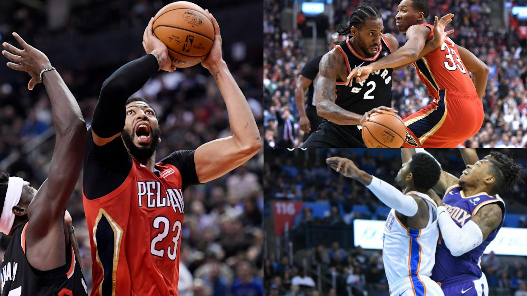 (Clockwise from top right) Kawhi Leonard and Paul George requested trades from the Spurs and Pacers, respectively, and landed in Toronto and Oklahoma City. The Pelicans' Anthony Davis might be the next player to orchestrate a trade.
