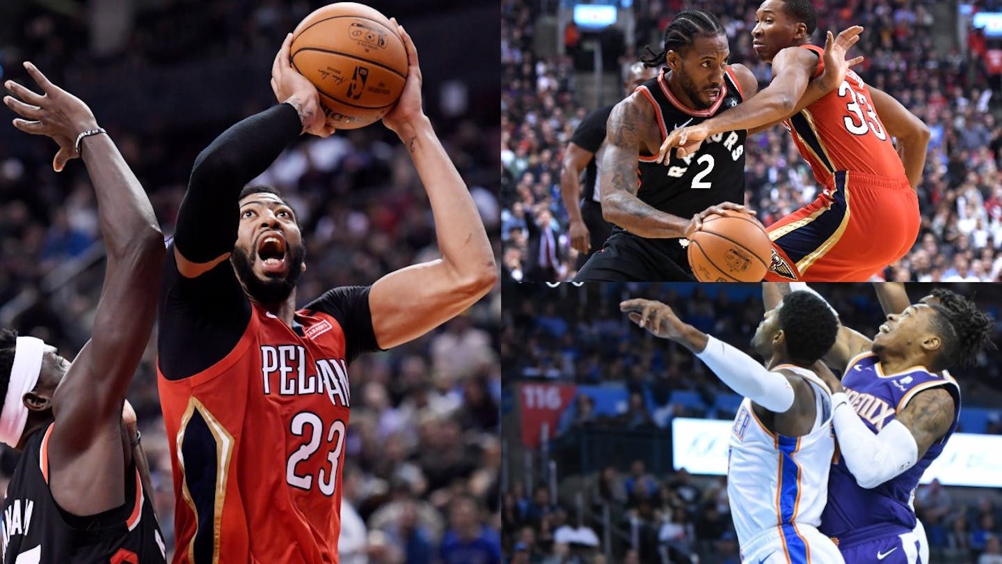 (Clockwise from top right) Kawhi Leonard and Paul George requested trades from the Spurs and Pacers, respectively, and landed in Toronto and Oklahoma City. The Pelicans' Anthony Davis might be the next player to orchestrate a trade.