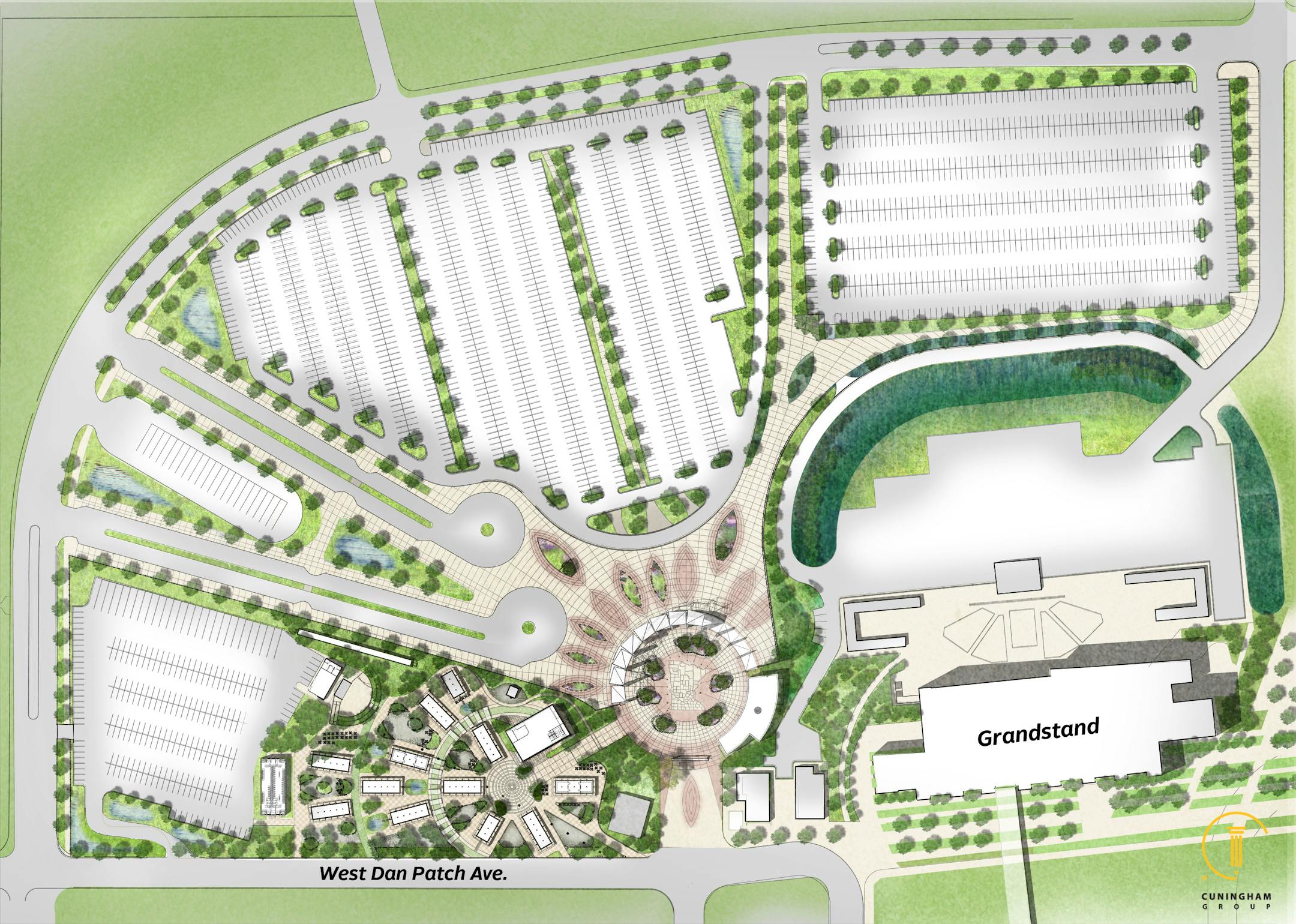 This rendering, drawn up by Cuningham Group in Minneapolis, shows the concept for the revitalized Heritage Square exhibit and adjoining transit hub west of the Grandstand. Details are not final, but the plan calls for the historic 1933 welcome sign to be located at the south end of the circular entry area. Buses would loop in and out of the transit stop much like the streetcars did near Como Avenue in the past.