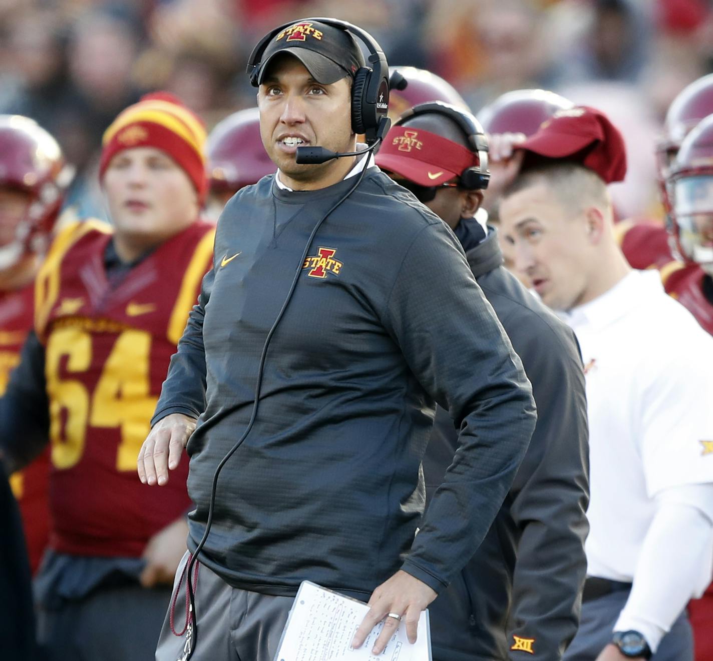 Iowa State head coach Matt Campbell watches from the sideline during the second half of an NCAA college football game against TCU, Saturday, Oct. 28, 2017, in Ames, Iowa. Iowa State won 14-7. (AP Photo/Charlie Neibergall) ORG XMIT: IACN117