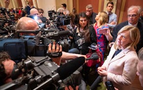 DFL House Leader Melissa Hortman speaks to the press during the last day of the legislative session at the Minnesota Capitol in St. Paul on Monday, M
