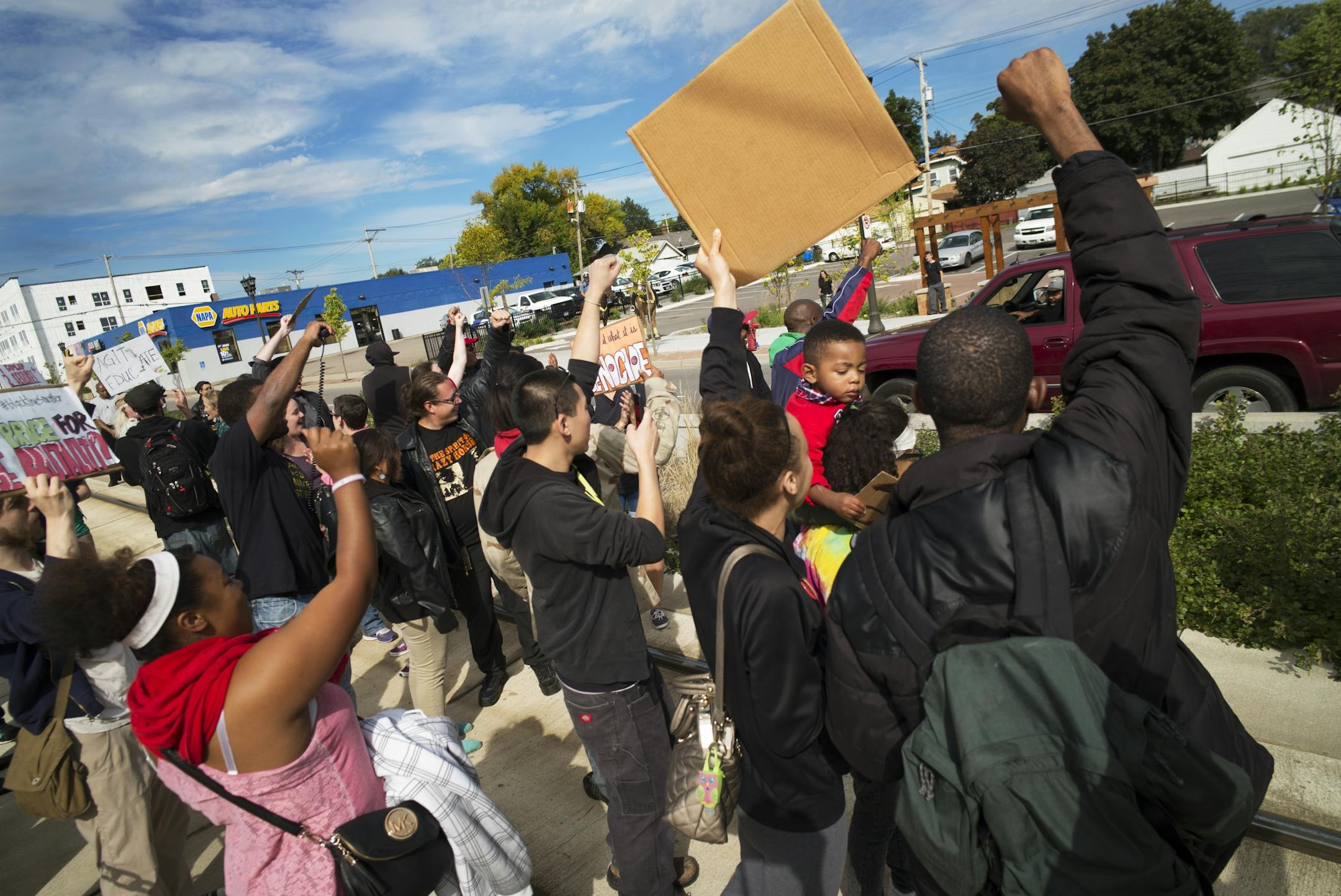 Near the Lexington light rail station in St. Paul, protesters with Black Lives Matters blocked traffic to and from TCF Stadium on the home opener for the Vikings.