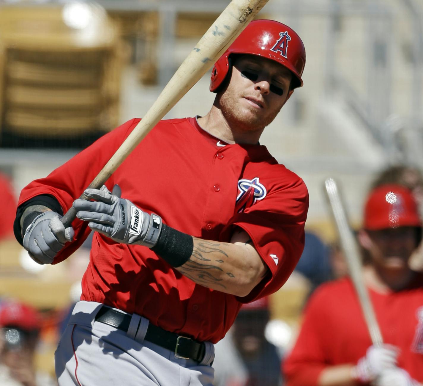 Los Angeles Angels' Josh Hamilton bats against the Chicago White Sox in an exhibition spring training baseball game Monday, March 25, 2013, in Glendale, Ariz. (AP Photo/Mark Duncan)