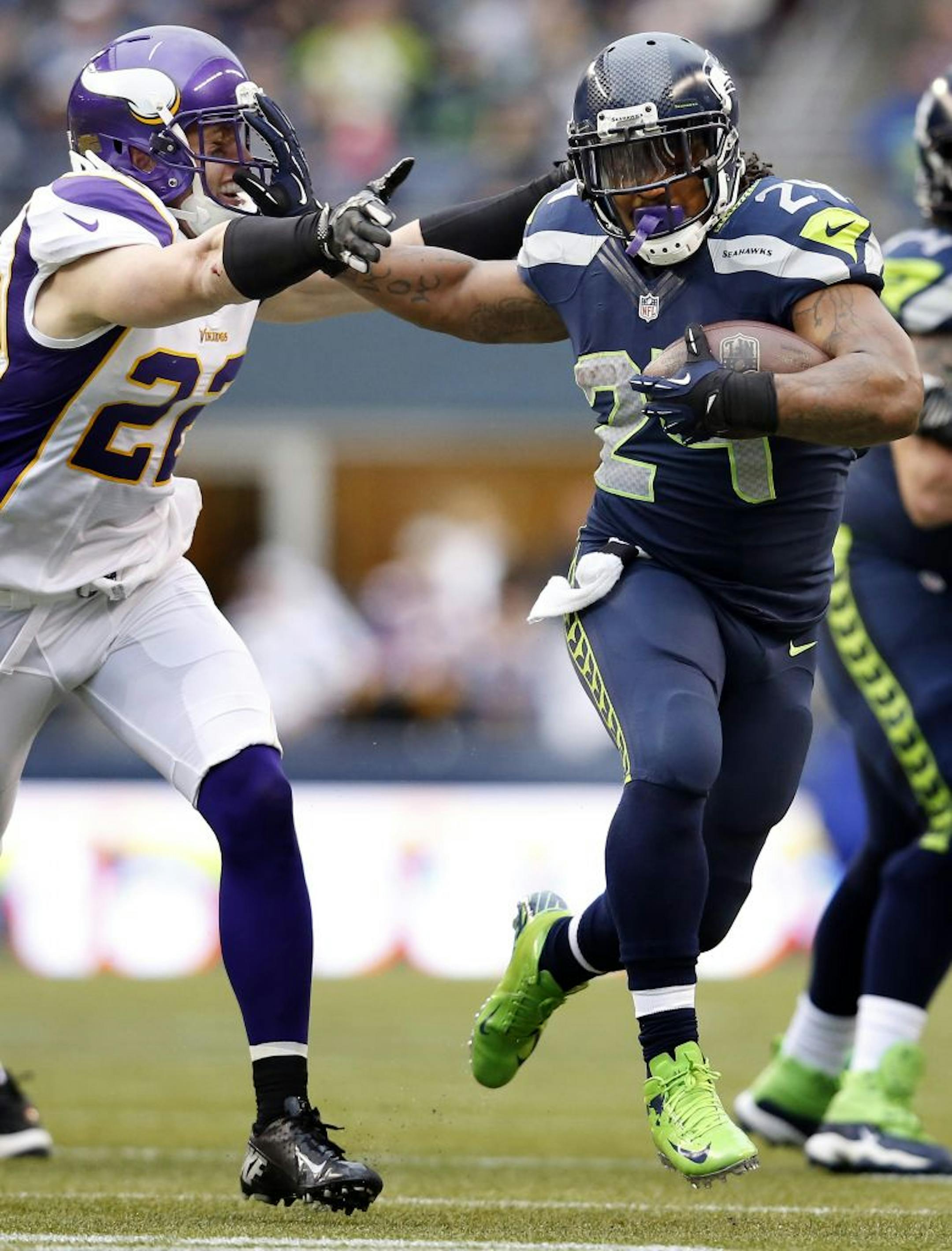 The Seahawks' Marshawn Lynch became the fourth consecutive opposing back to run for more than 100 yards against the Vikings.
