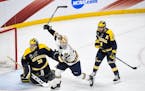 Notre Dame's Cam Morrison celebrates a goal by teammate Jake Evans, not pictured, against Michigan