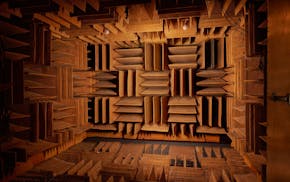 The anechoic chamber at Orfield Laboratories in Minneapolis is listed as the  "quietest place on Earth" by Guinness World Records.  Fiberglass wedges,