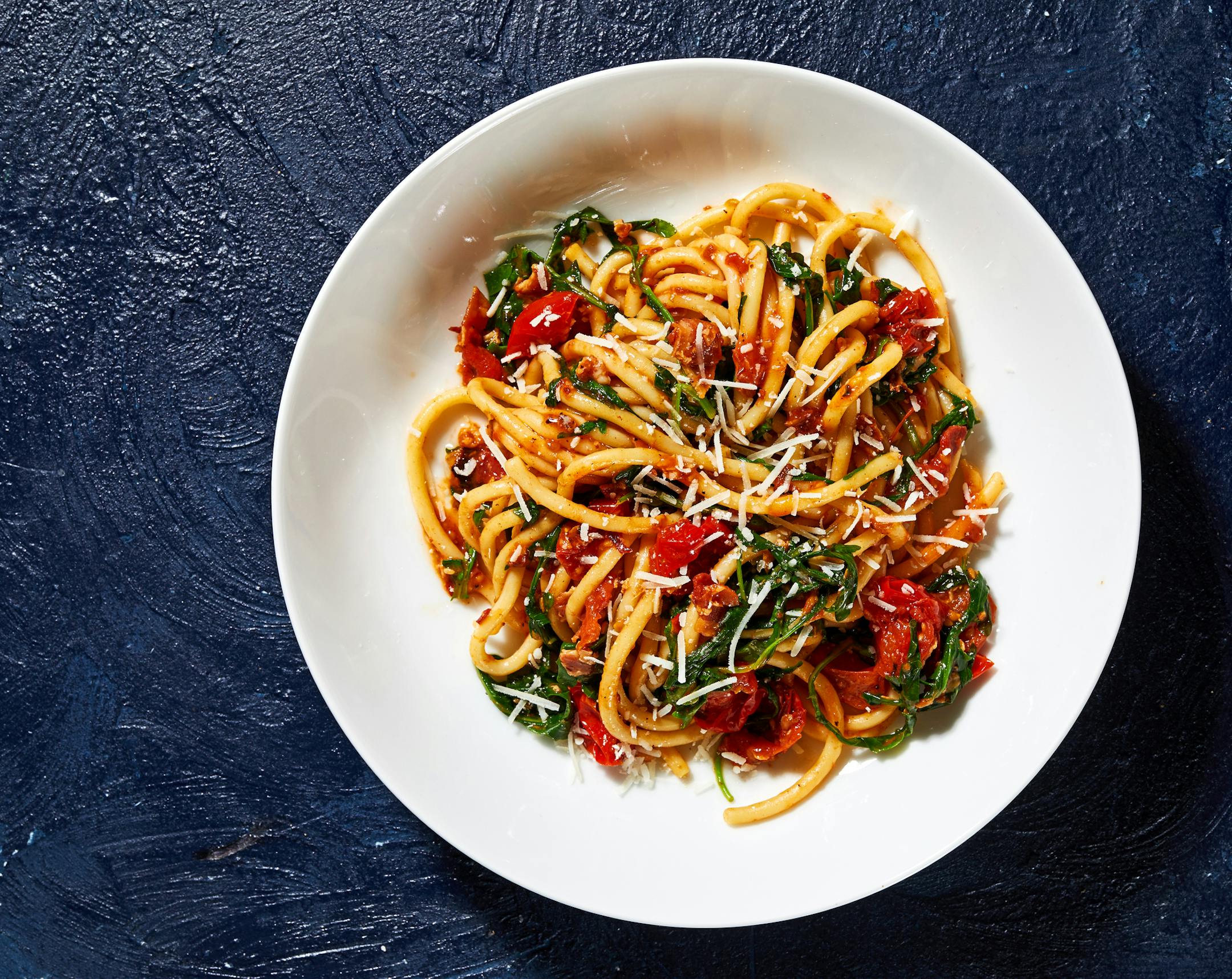 BLT Bucatini. MUST CREDIT: Photo by Stacy Zarin Goldberg for The Washington Post. Food styling by Lisa Cherkasky for The Washington Post.