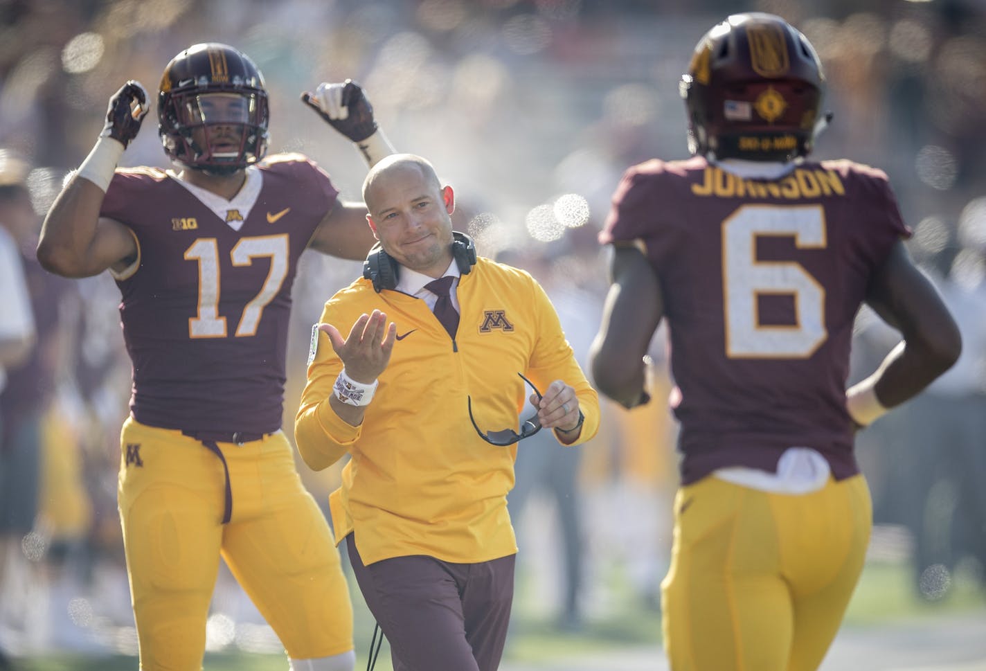 P. J. Fleck was all smiles after Minnesota's wide receiver Tyler Johnson's touchdown during the third quarter as Minnesota took on Miami (Ohio) last Saturday.