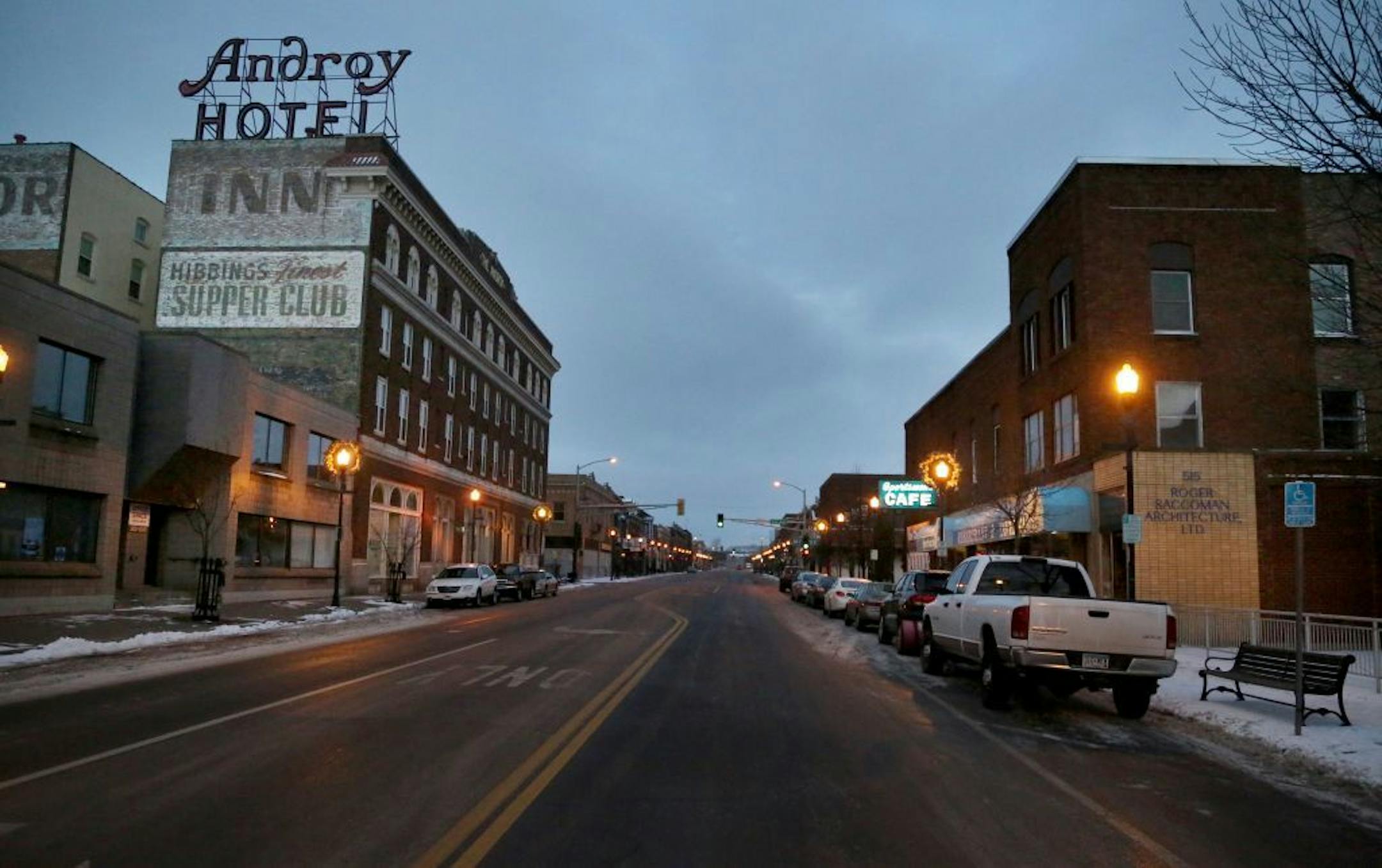 Downtown Hibbing seen at dawn, including the historical Androy Hotel, built in 1919 and known to have one of the town's most elegant supper clubs and seen Tuesday, Nov. 24, 2015, in Hibbing, MN. The Androy now houses 48 low income apartment units.