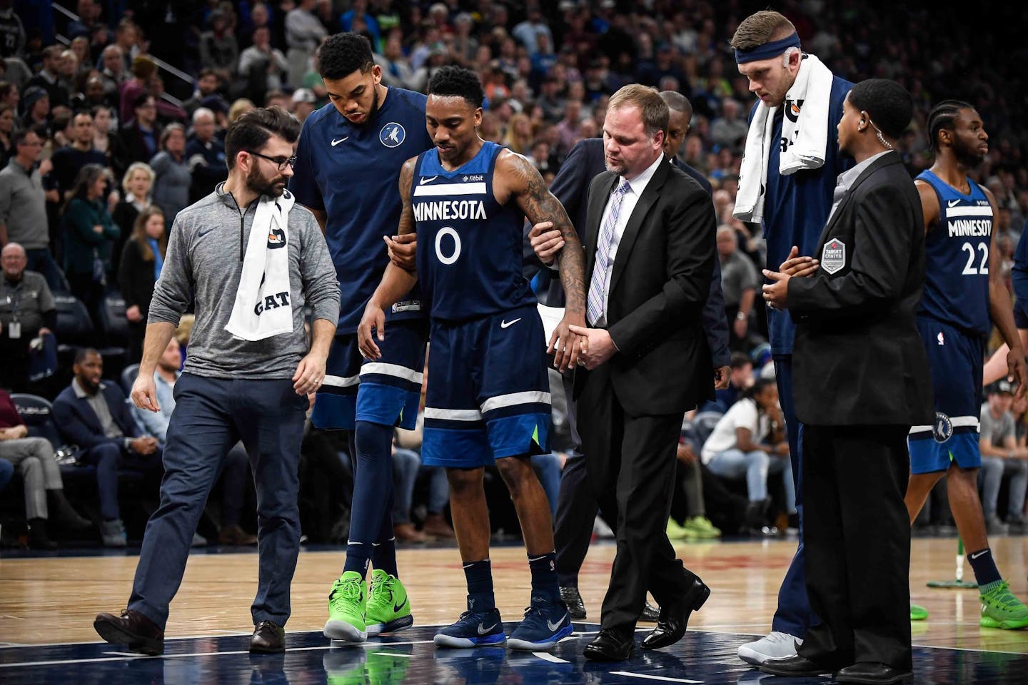 Minnesota Timberwolves guard Jeff Teague (0) was helped off the court after a lower body injury in the second half. ] AARON LAVINSKY &#xef; aaron.lavinsky@startribune.com The Minnesota Timberwolves played the Denver Nuggets on Wednesday, Dec. 27, 2017 at Target Center in Minneapolis, Minn.