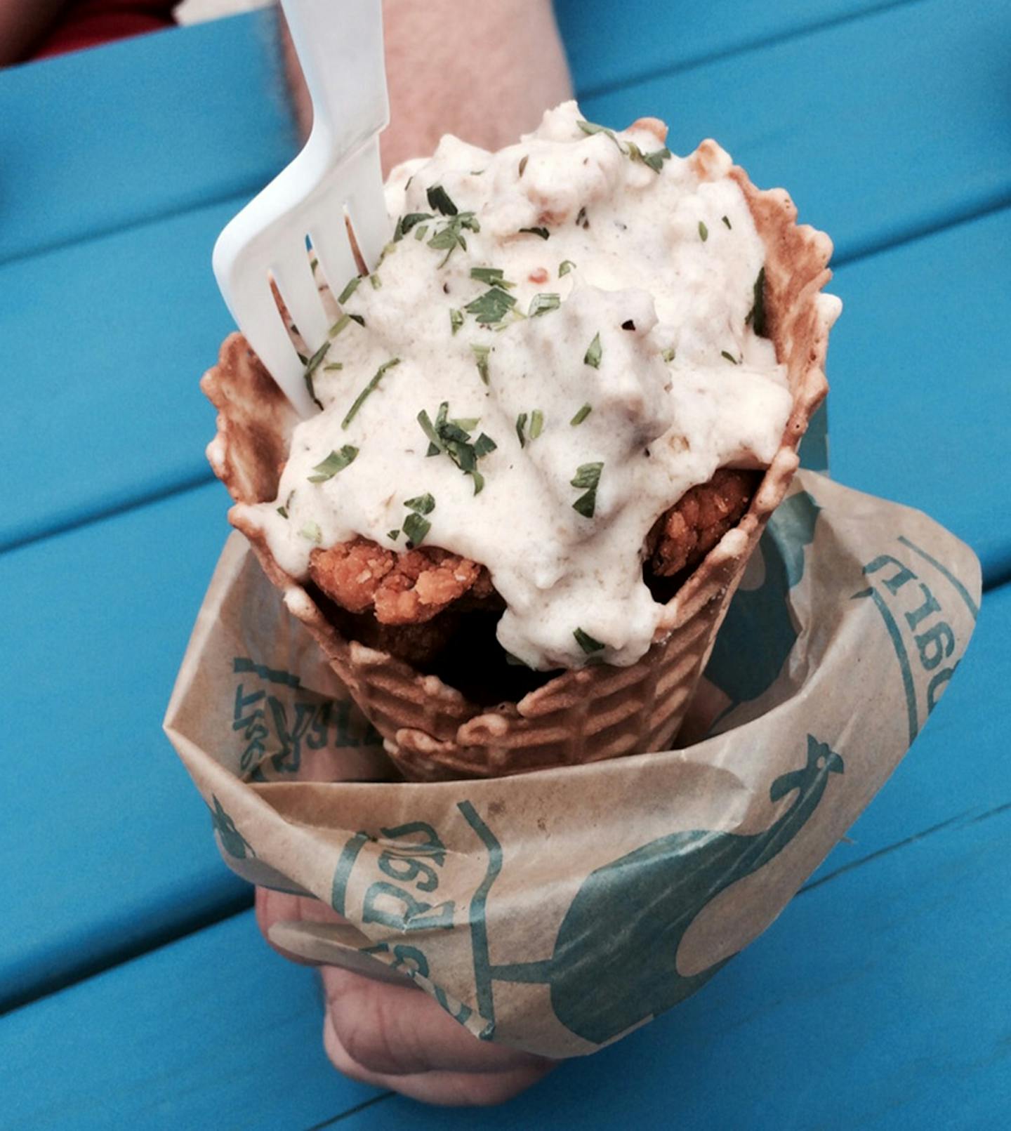 Chicken in a waffle, New foods at the 2014 Minnesota State Fair Credit: Rick Nelson ORG XMIT: MIN1408211844508488