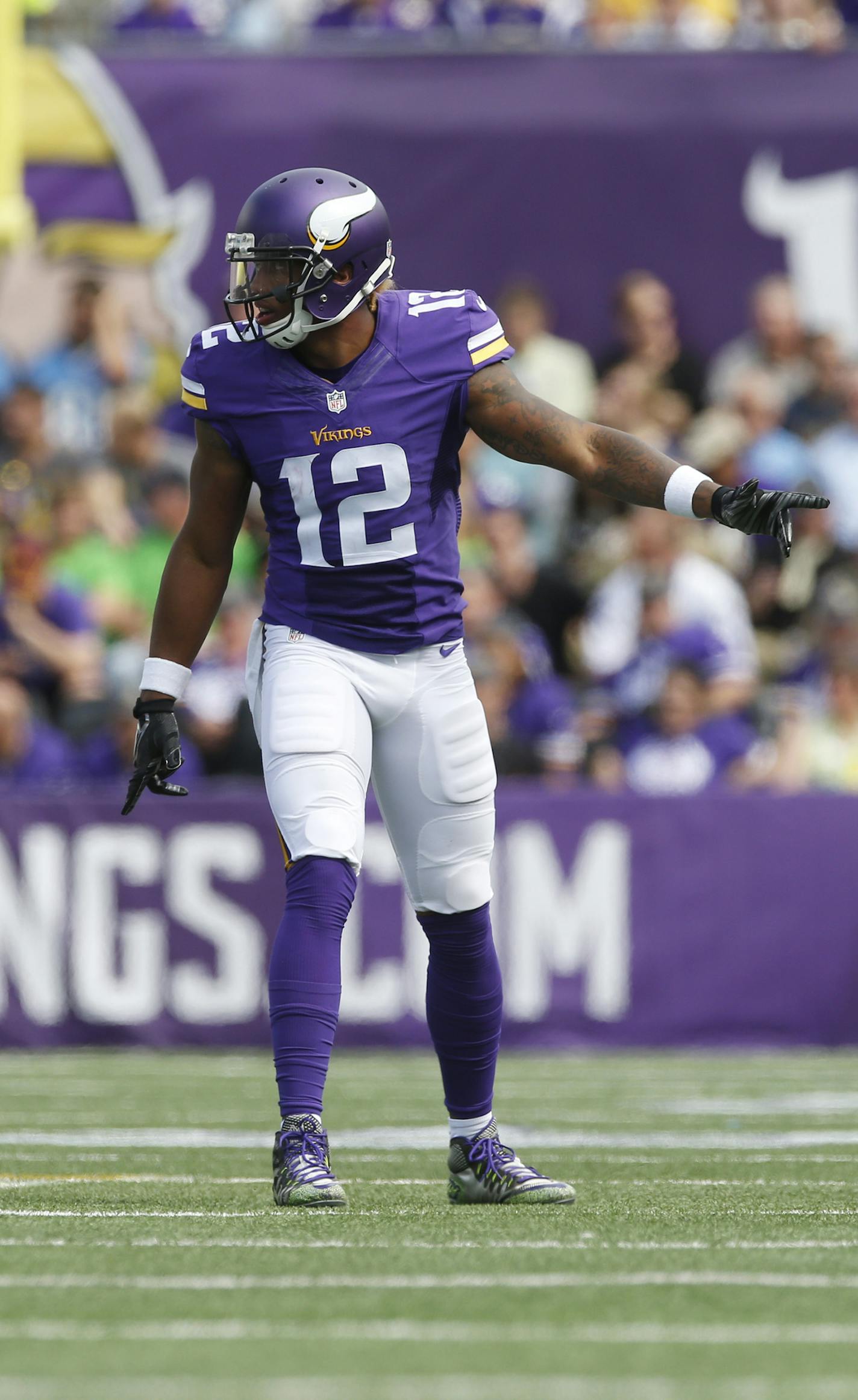 Minnesota Vikings wide receiver Charles Johnson (12) lines up during in an NFL football game against the Detroit Lions, Sunday, Sept. 20, 2015, in Minneapolis. (AP Photo/Jim Mone) ORG XMIT: MNJM10