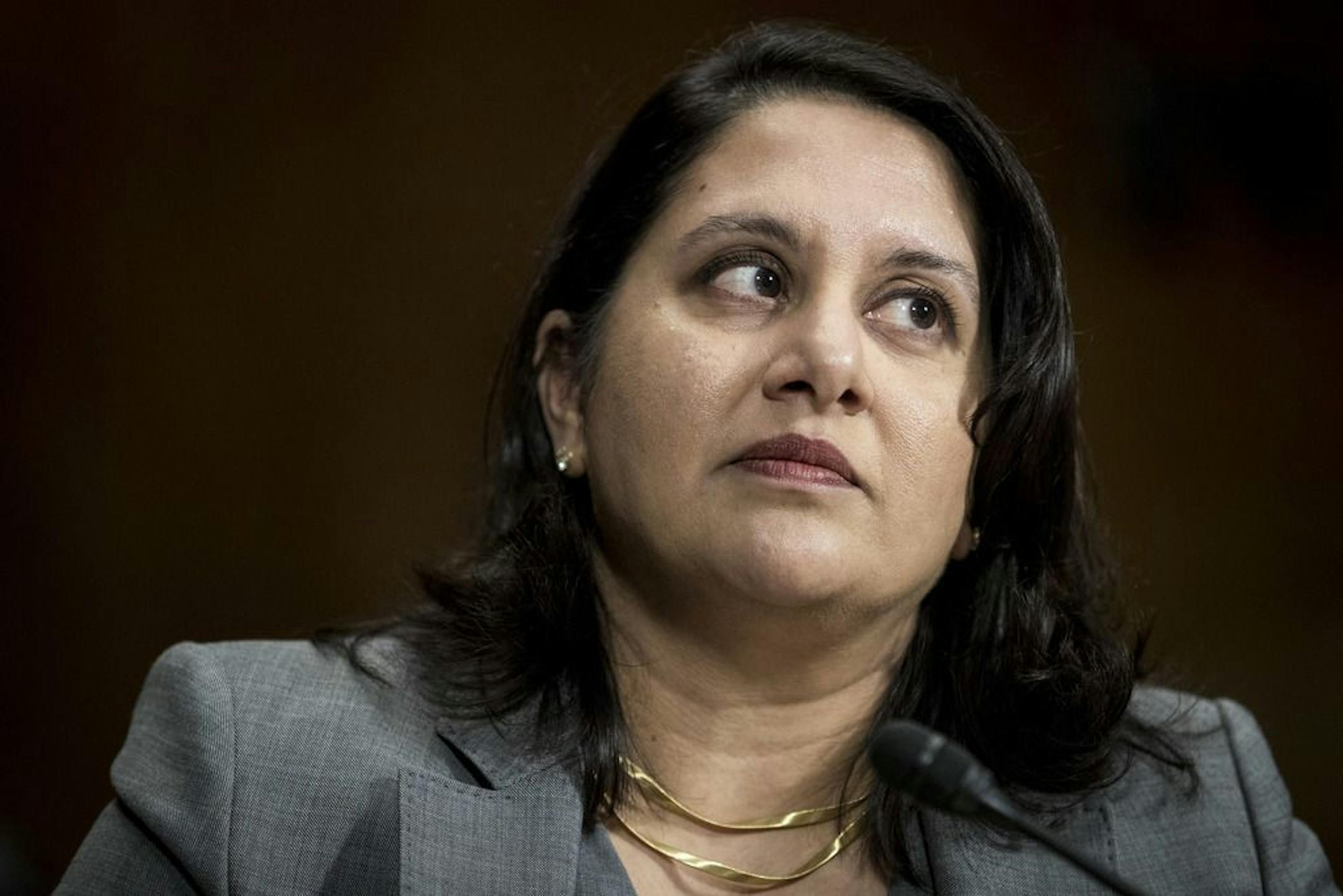 Neomi Rao, President Donald Trump's nominee for the U.S. Circuit Court of Appeals for the District of Columbia, while testifying at her confirmation hearing before the Senate Judiciary Committee on Capitol Hill, in Washington, Feb. 5, 2019.