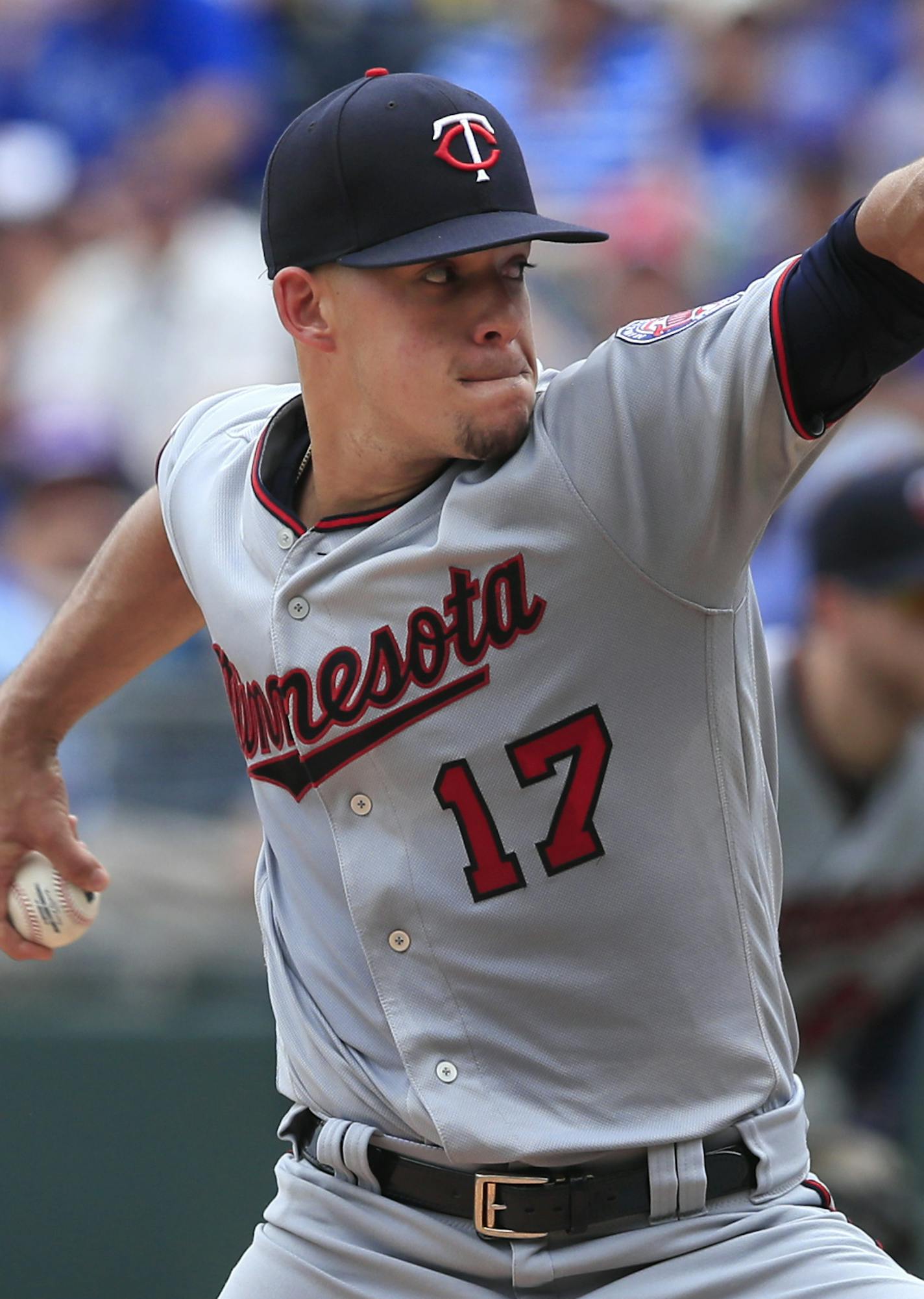 Jose Berrios delivers to a Kansas City Royals batter during the first inning of a baseball game at Kauffman Stadium last month.