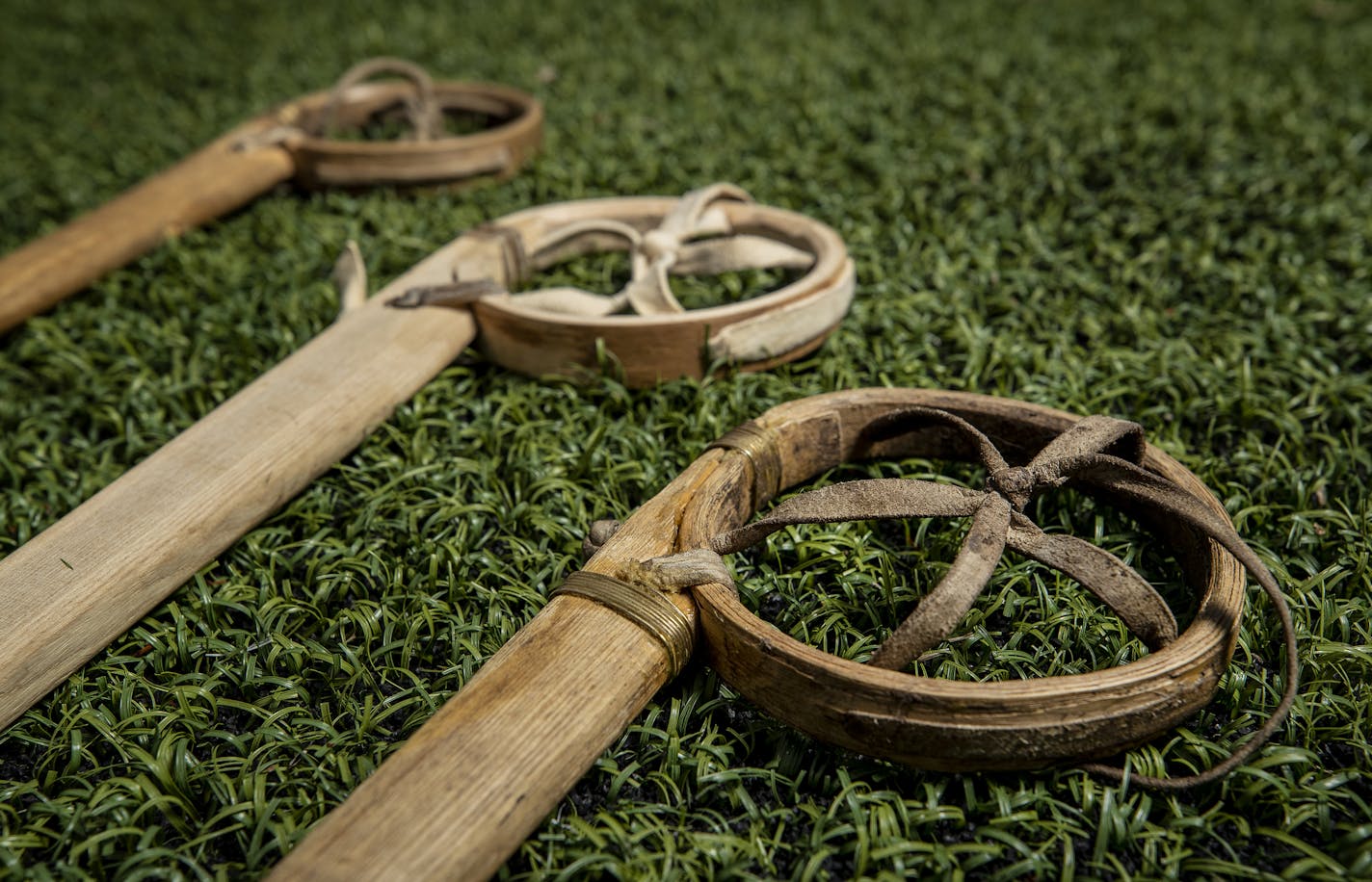 Traditional Western Great Lakes lacrosse sticks. ] CARLOS GONZALEZ ï cgonzalez@startribune.com ñ May 3, 2018, Minneapolis, MN, lacrosse feature on three American Indian players with deeper roots and connections to the game's heritage