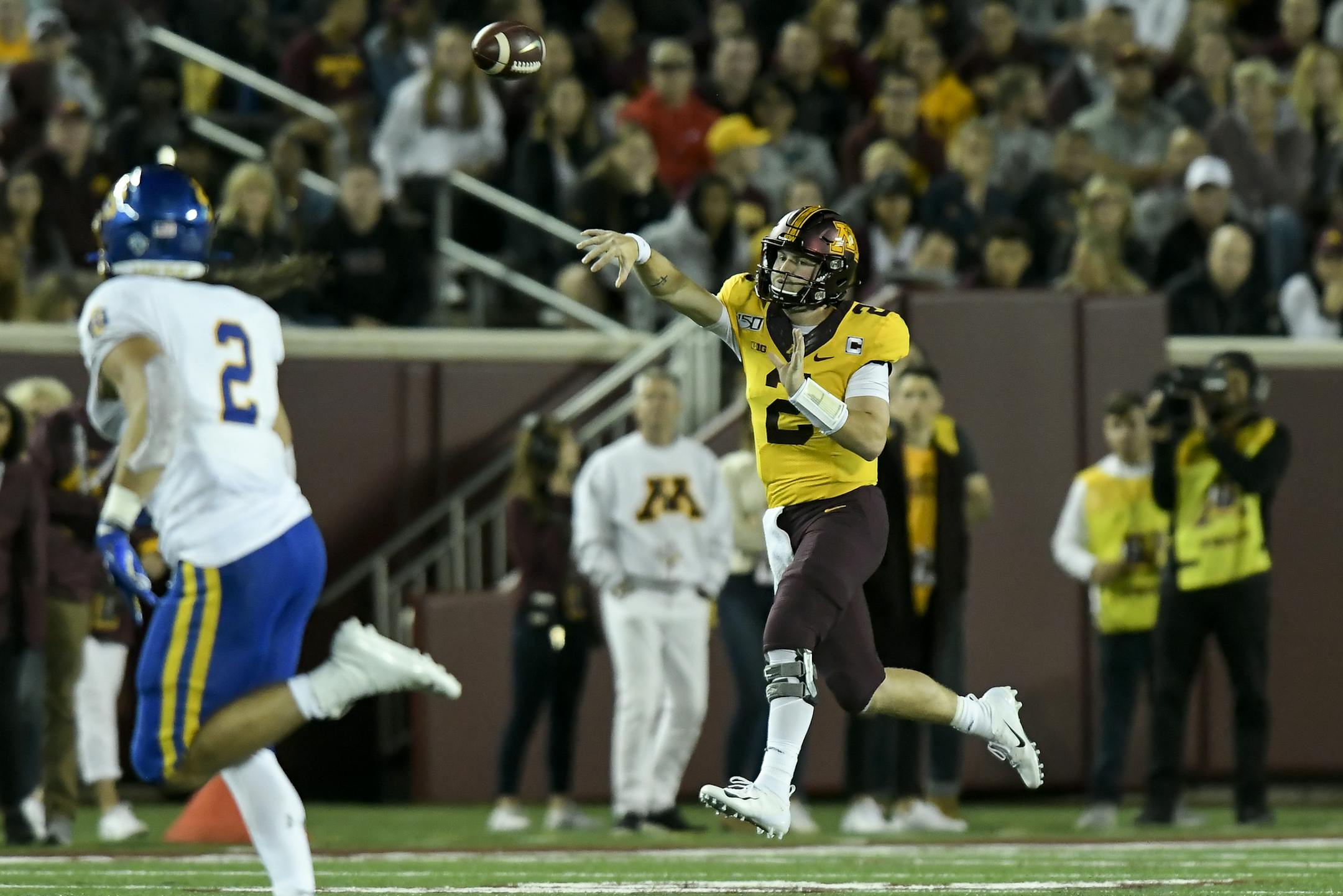 Minnesota Gophers quarterback Tanner Morgan (2) threw the ball for a first down in the second quarter against the South Dakota State Jackrabbits. ] Aaron Lavinsky &#x2022; aaron.lavinsky@startribune.com The Minnesota Gophers played South Dakota State Jackrabbits on Thursday, Aug. 29, 2019 at TCF Bank Stadium in Minneapolis, Minn.