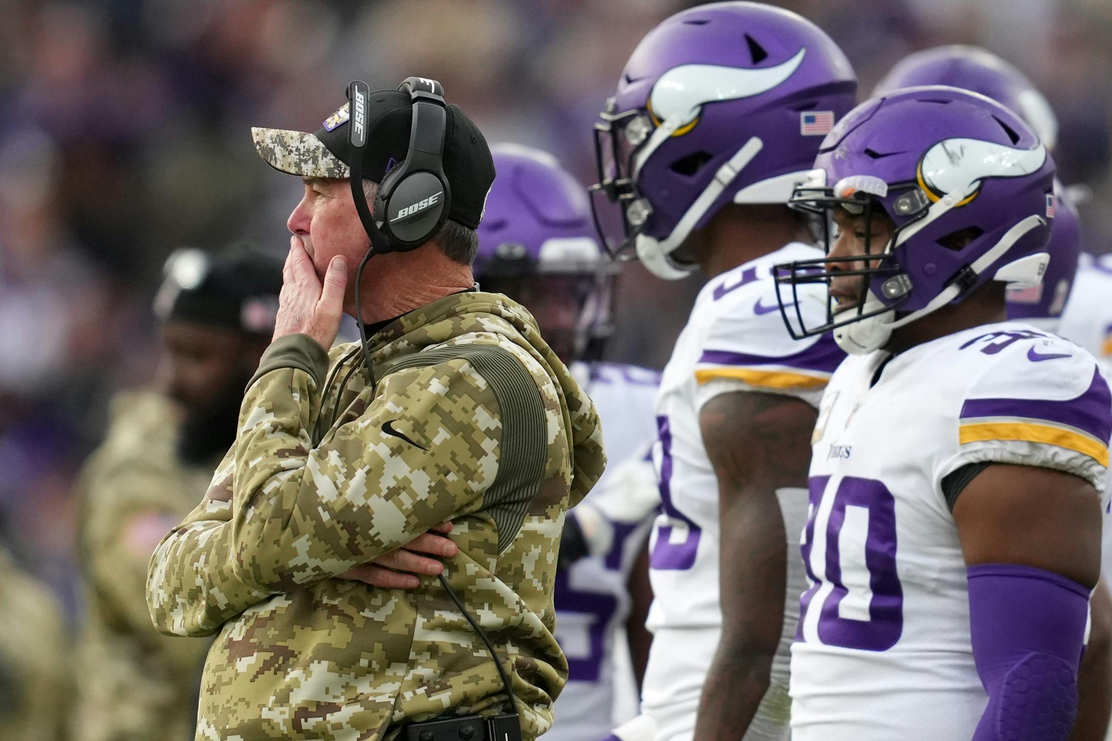 Vikings head coach Mike Zimmer watched as the Ravens tied the game in the fourth quarter.