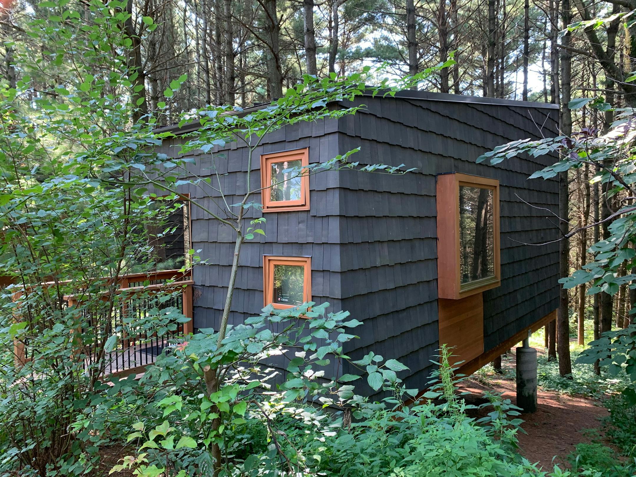 The entrance of a Pine Forest camper cabin at Whitetail Woods Regional Park.