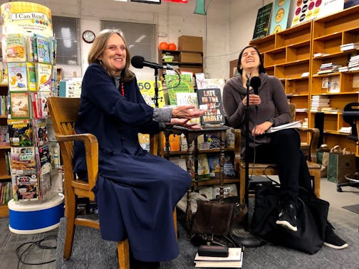 Tessa Hadley and Curtis Sittenfeld share a laugh during a discussion at Magers & Quinn. Jan. 24, 2019.