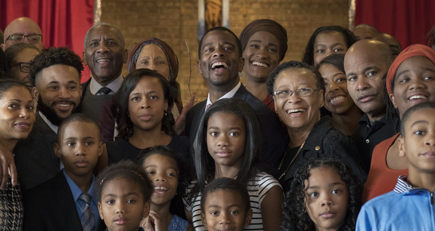 St. Paul newly elected mayor Melvin Carter (center) posed for a photo with his family after he was sworn in as mayor at Saint Peter Claver, Rondo on January 2, 2018 in St. Paul, MN.] Carter became the 46th Mayor for the city of St. Paul and the first African American to win. JERRY HOLT &#xef; jerry.holt@startribune.com