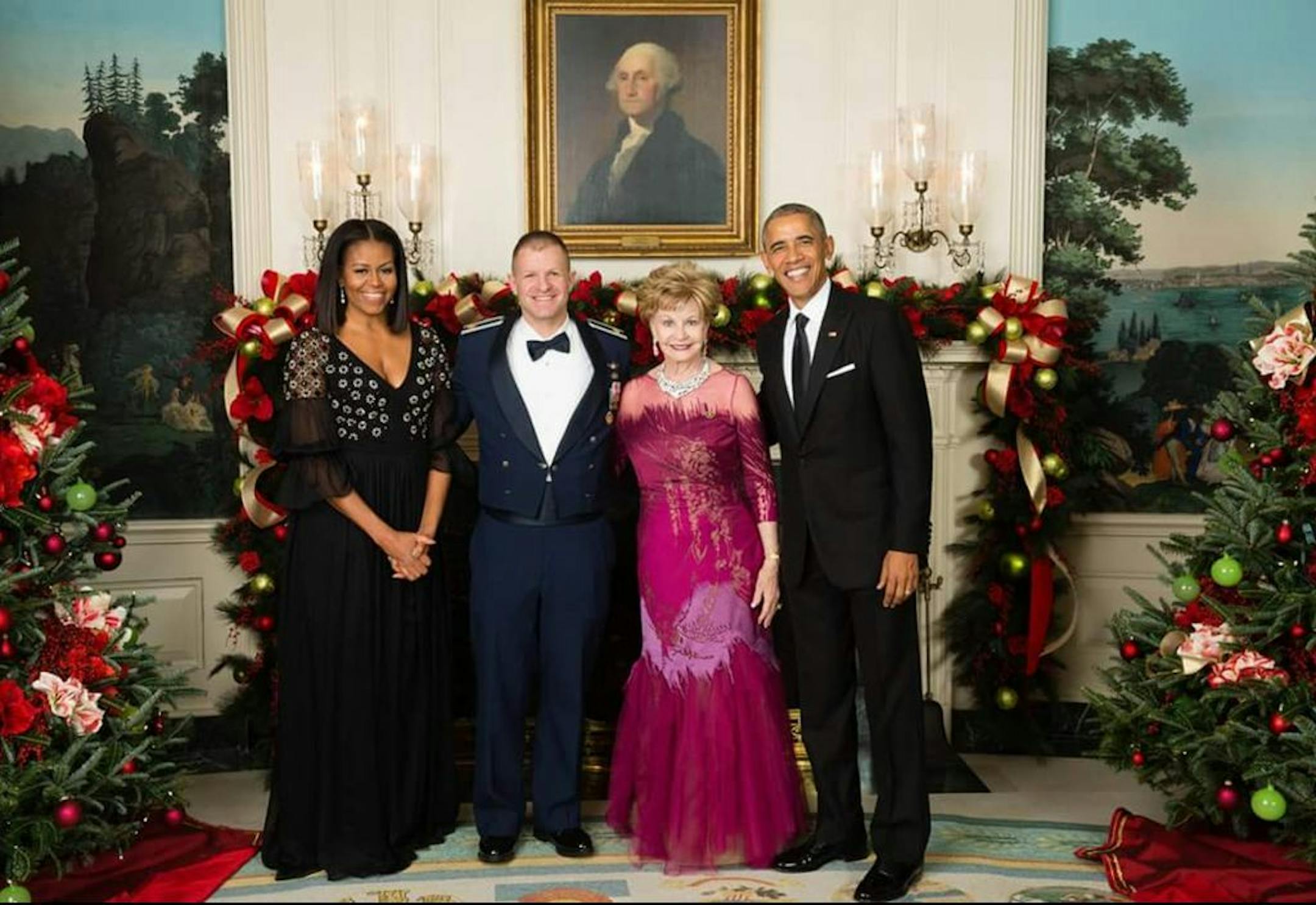 Air Force Major Bryan Bree Fram with Michelle Obama and President Obama and Congresswoman Madeleine Z. Bordallo (D-Guam) at White House Congressional ball, December 2016. photo courtesy of Air Force Major Bryan Bree Fram.