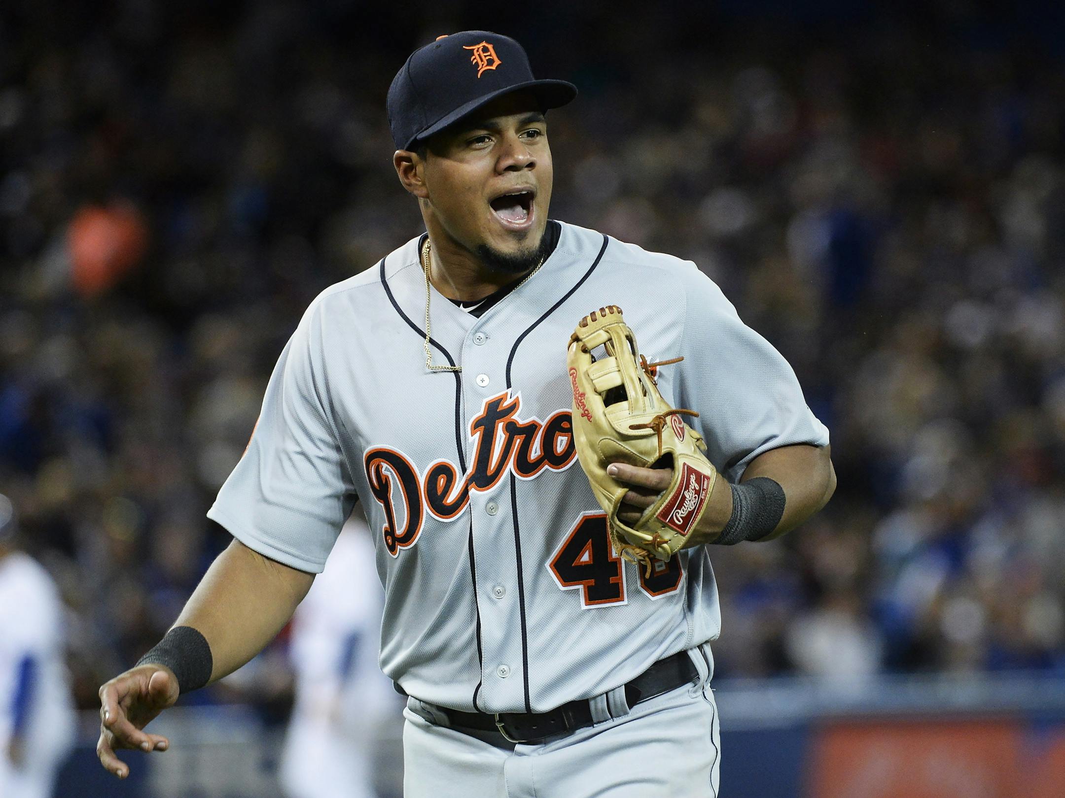 Detroit Tigers third baseman Jeimer Candelario reacts after starting a triple play against the Toronto Blue Jays during the sixth inning of a baseball game in Toronto on Friday, Sept. 8, 2017. (Nathan Denette/The Canadian Press via AP)