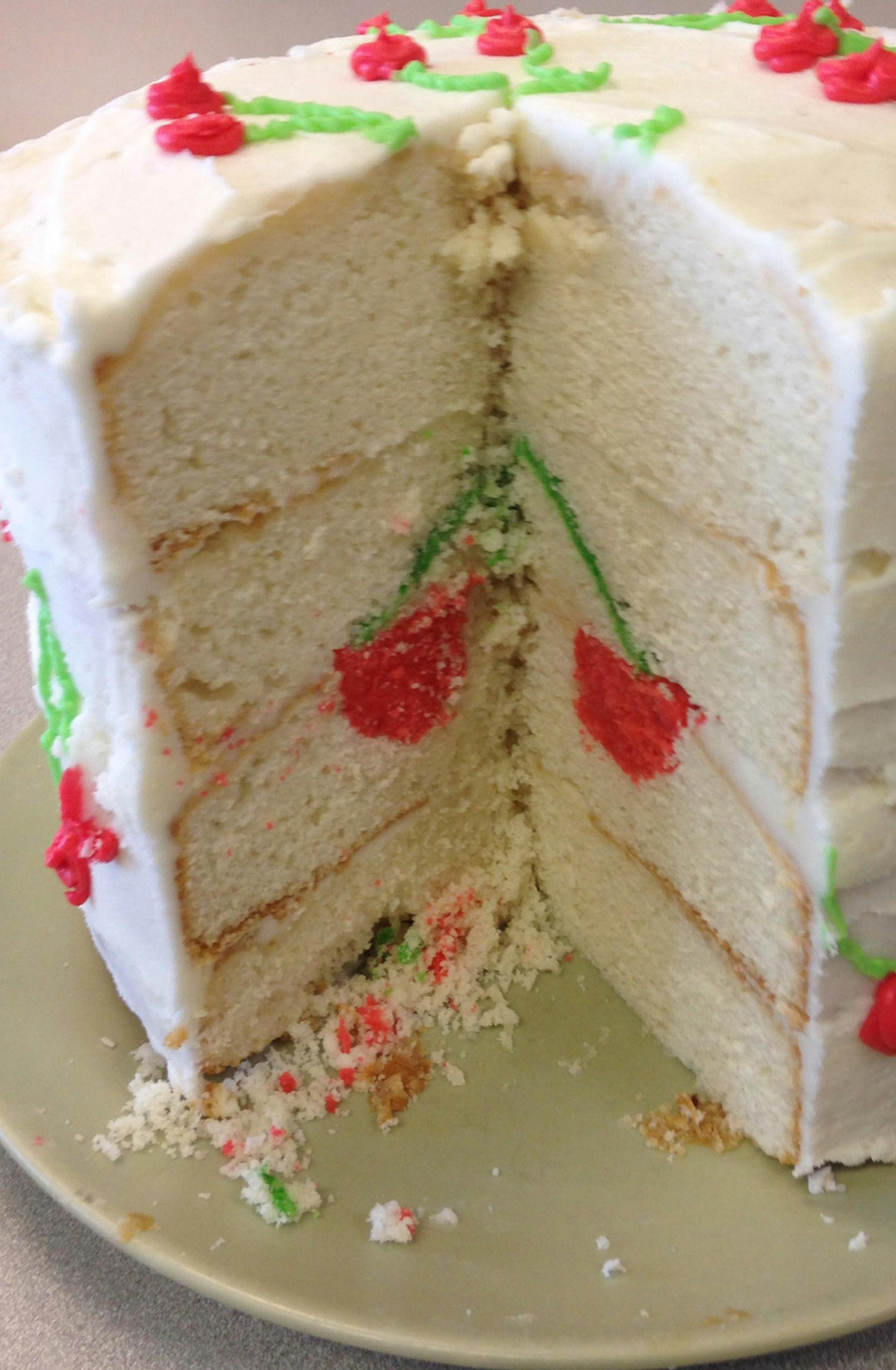 Cherry surprise cake from "Surprise inside Cakes" -- what Kim Ode's version looked like. Photo by Lee Dean