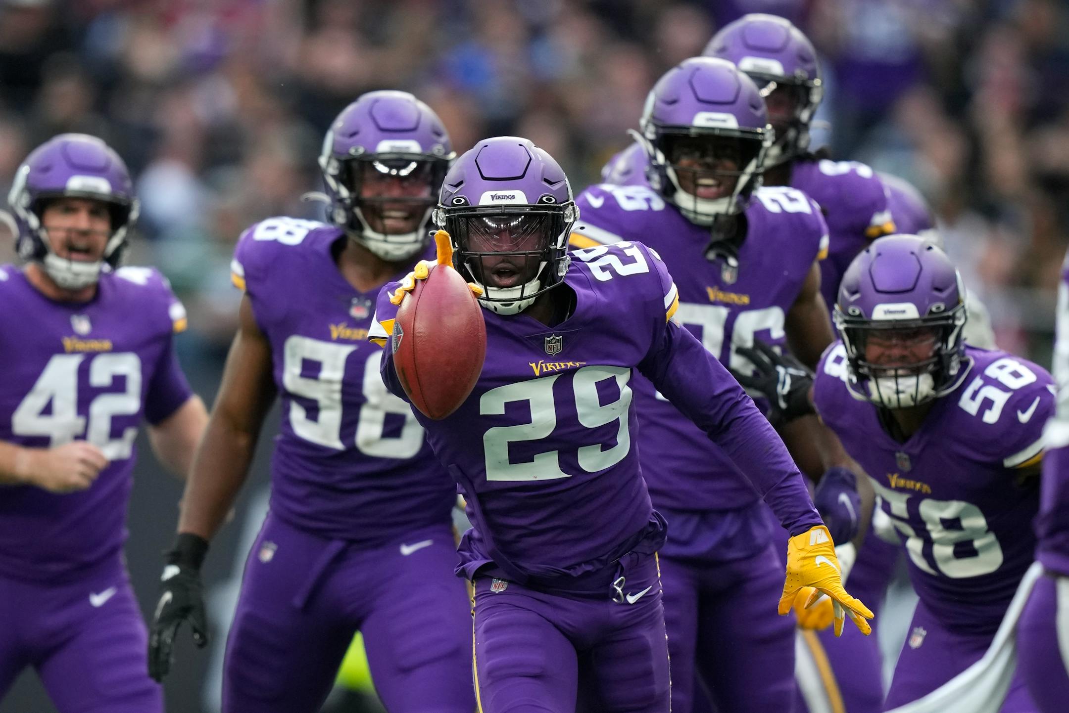 Minnesota Vikings cornerback Kris Boyd (29) reacts after making a Saints turnover.